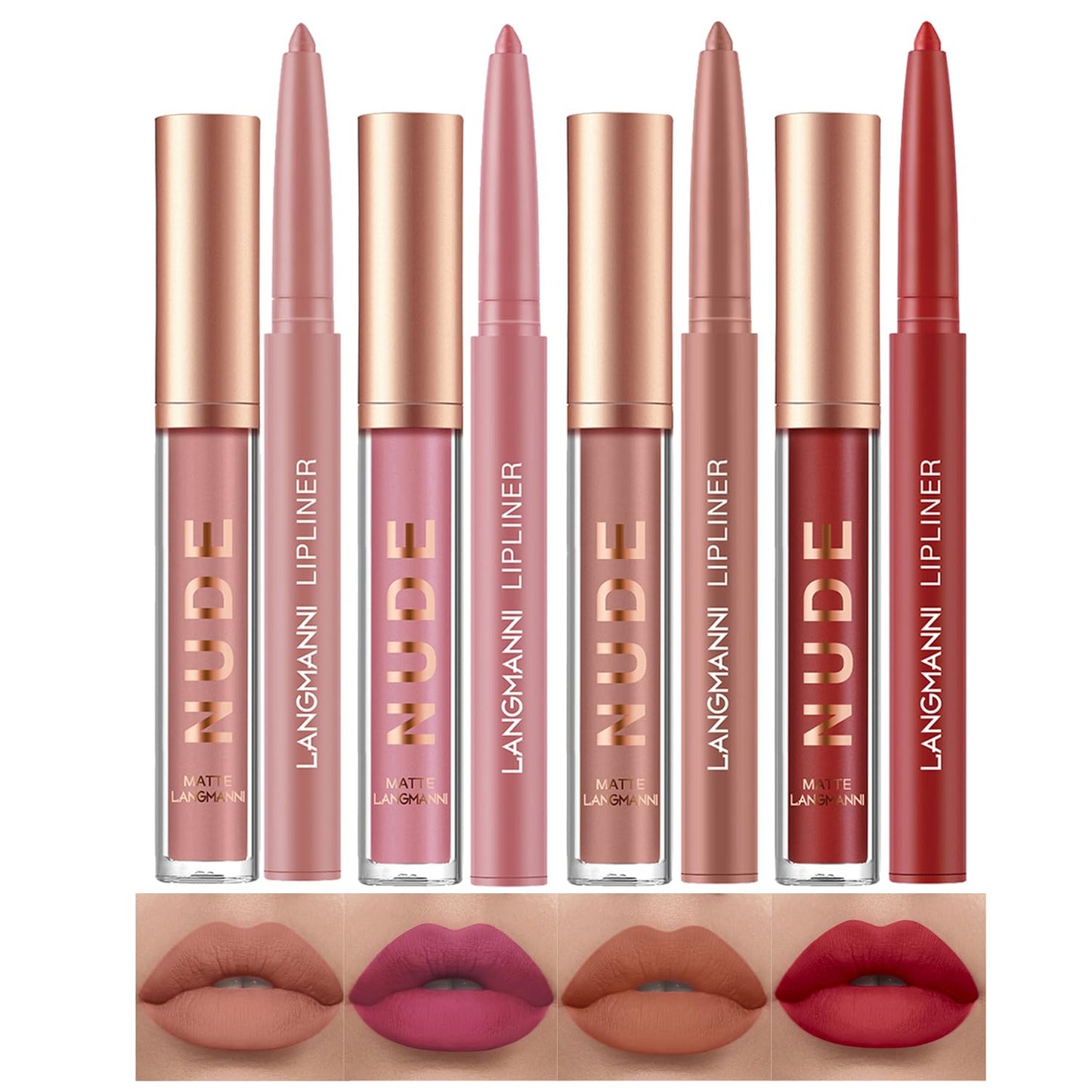 LANGMANNI 6 Matte Lipstick with 6 Lipliners Durable Makeup Set,Long-Lasting Non-Stick Cup Not Fade Waterproof Pigmented Velvet Lipgloss Kit Beauty Cosmetics Makeup Gift for Girls (#A)
