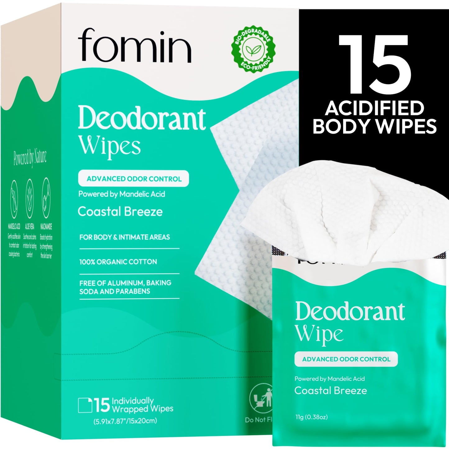 FOMIN Acidified Travel Deodorant Wipes For Women & Men - 15 Count - Variety Pack - pH Balanced, Mini Deodorant Travel Size Wipes - Plastic-Free, Individually Wrapped Underarm Body Wipes