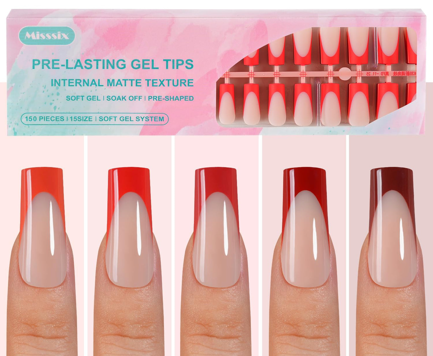 Misssix French Gel Nail Tips, 150Pcs French Tip Press on Nails Long Square Design, No Need to File Tips Pre-lasting, Fake Nails for Nail Art DIY 15 Sizes