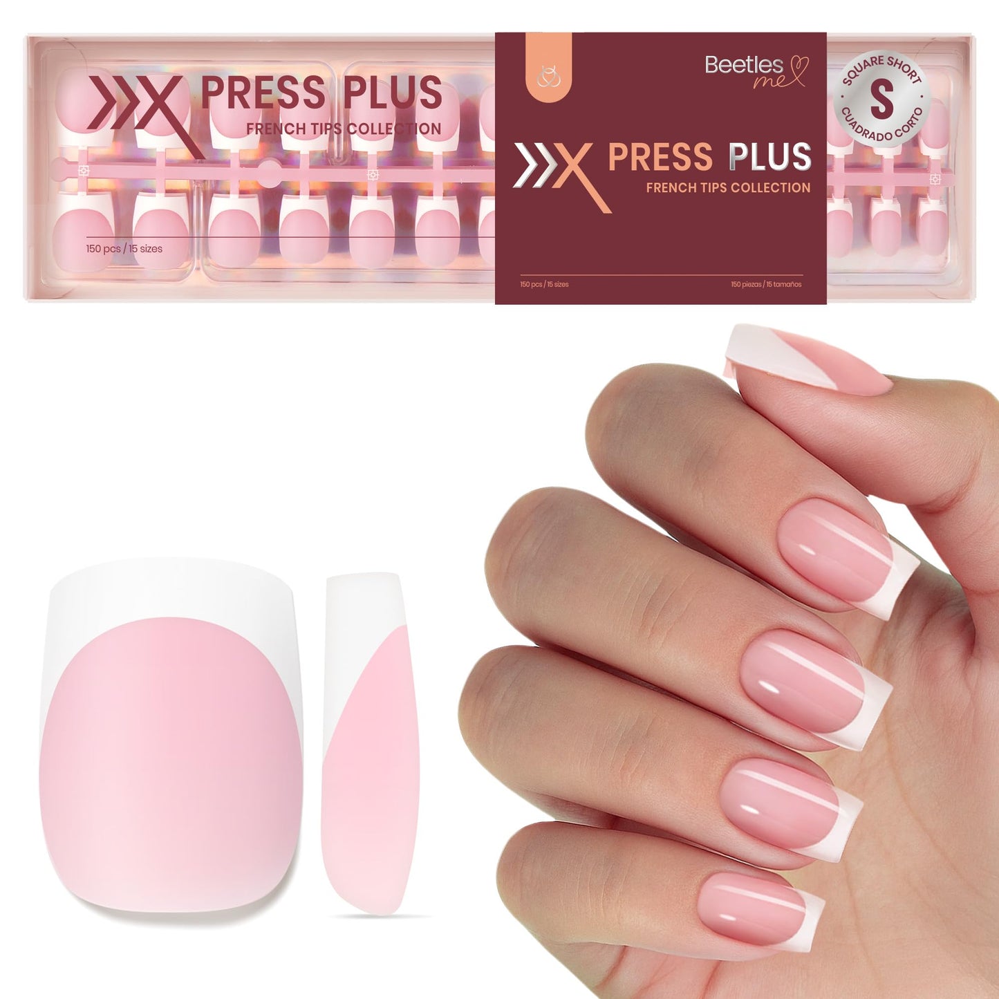 Beetles X Press Gel Nail Kit: Long Square French Tip Press On Nails Kit With 224Pcs Nail Tips Nail Glue & Builder Top Coat Mini UV Light, All-in-One DIY Designs Gift For Women At Home 16 Size