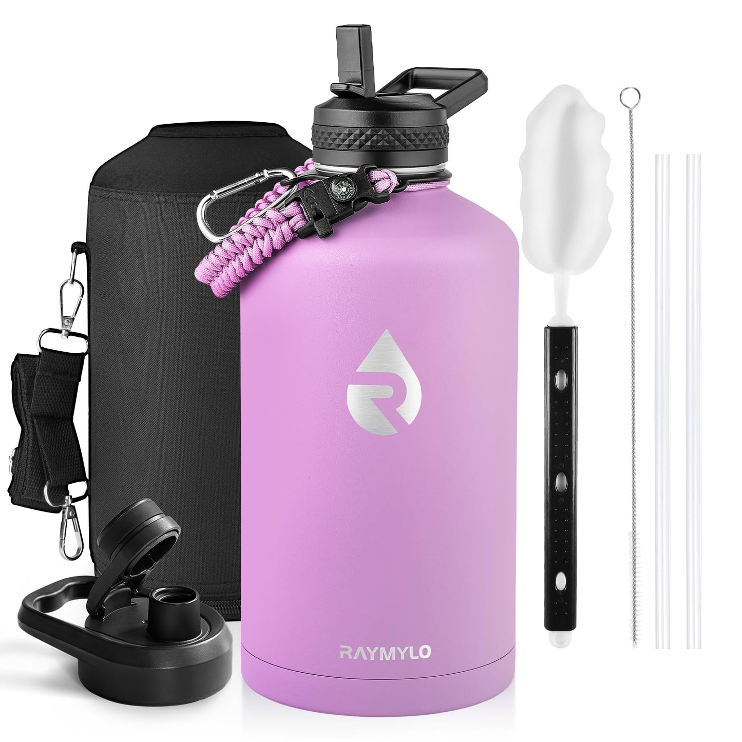 Insulated Water Bottle 64 oz, Triple Wall Vacuum Stainless Steel (Cold for 48 Hrs), Leak Proof & Non-BPA, Half Gallon Water Flask Jug with Paracord Handle & Straw Spout Lids, Magic Black