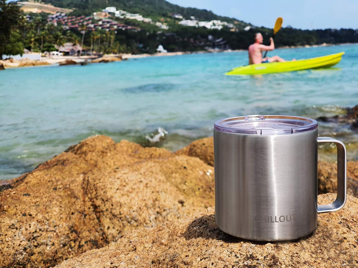 CHILLOUT LIFE Stainless Steel Vacuum Insulated Coffee Mug 16 oz (Set of 2) with Handle and Lid, Large Thermal Camping Coffee Mugs with Sliding Lid for Men & Women, Keeps Your Beverages Hot & Cold
