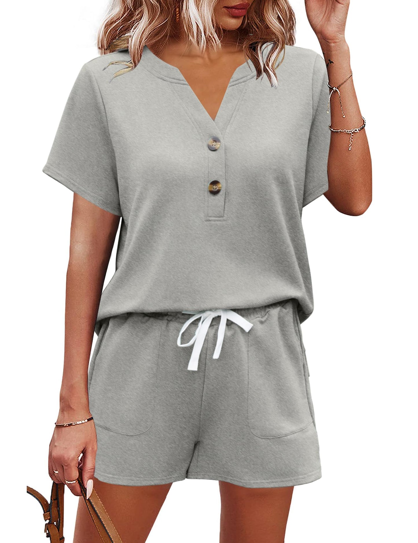AKEWEI Womens Two Piece Outfits Summer Lounge Sets Tracksuit V Neck Buttons Down Tops and Shorts Set with Pockets