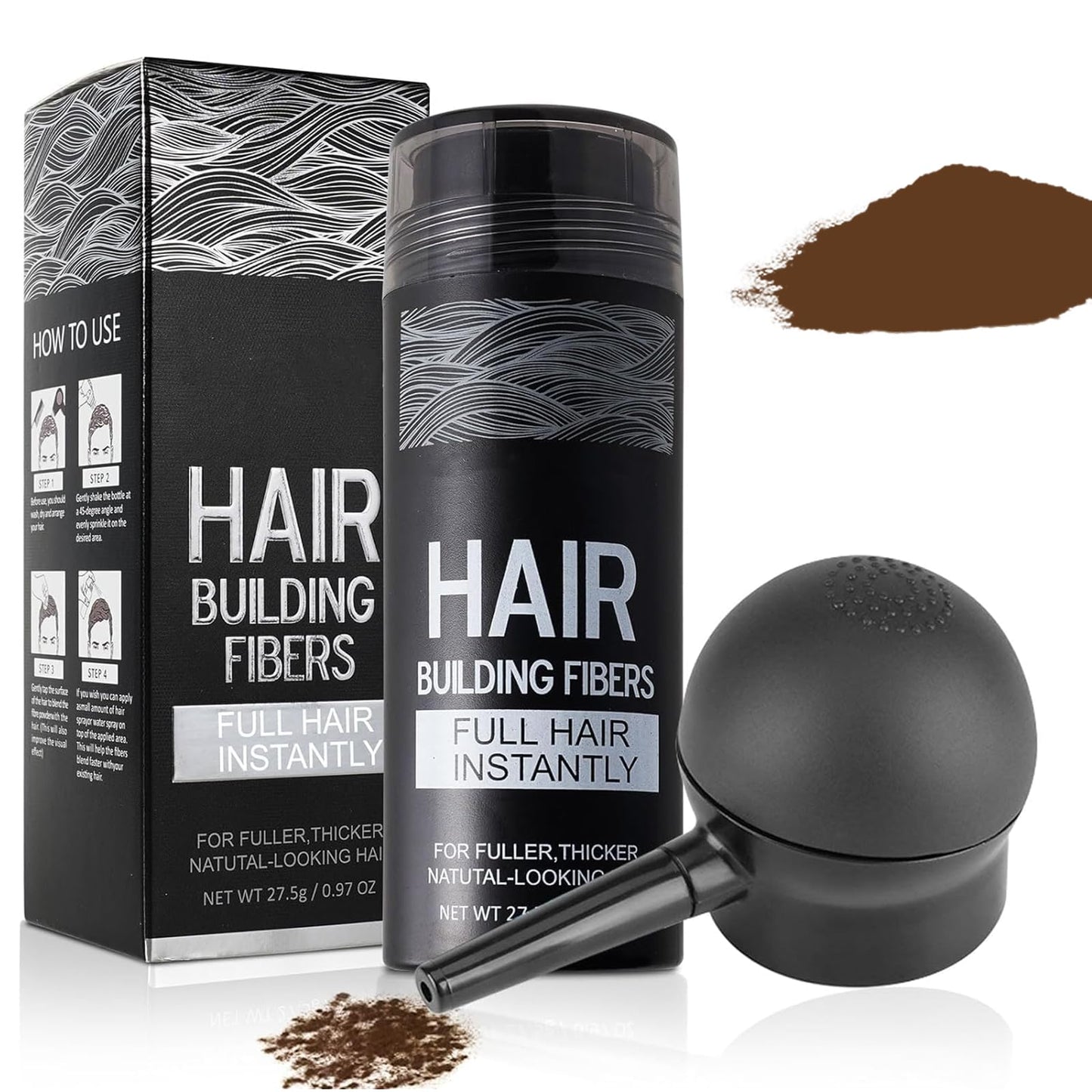 Hair Building Fibers for Thinning Hair with Spray Applicator Pump Nozzle - Natural & Undetectable,Instantly Thicker Fuller Hair Conceals Hair Loss 30 Sec,4 Shades for Men & Women,27.5g (Black)