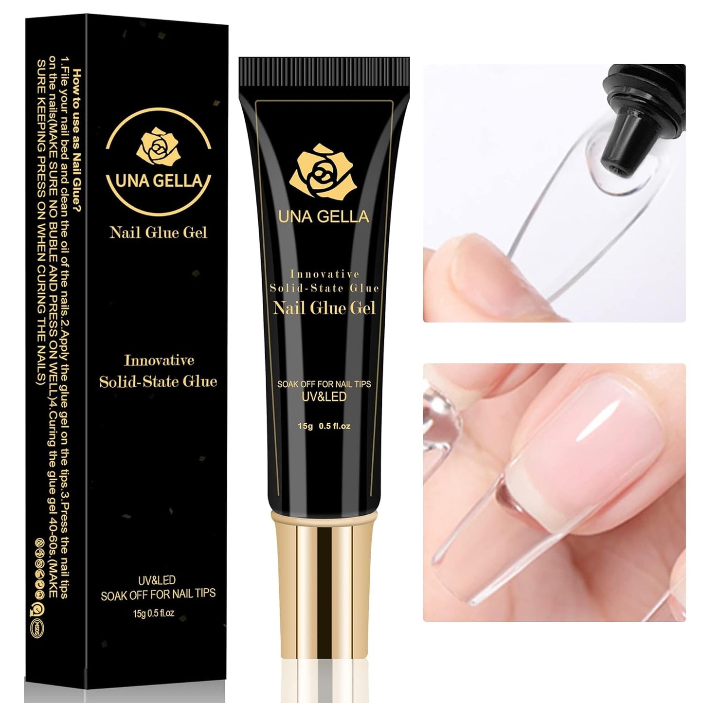 UNA GELLA Solid Nail Glue Gel Soft Gel Nail Tips Glue 15ml Lamp Curing Needed Solid Soak Off Glue Super Strong Nail Glue For Fake Acrylic Nails Extension Press On Nails