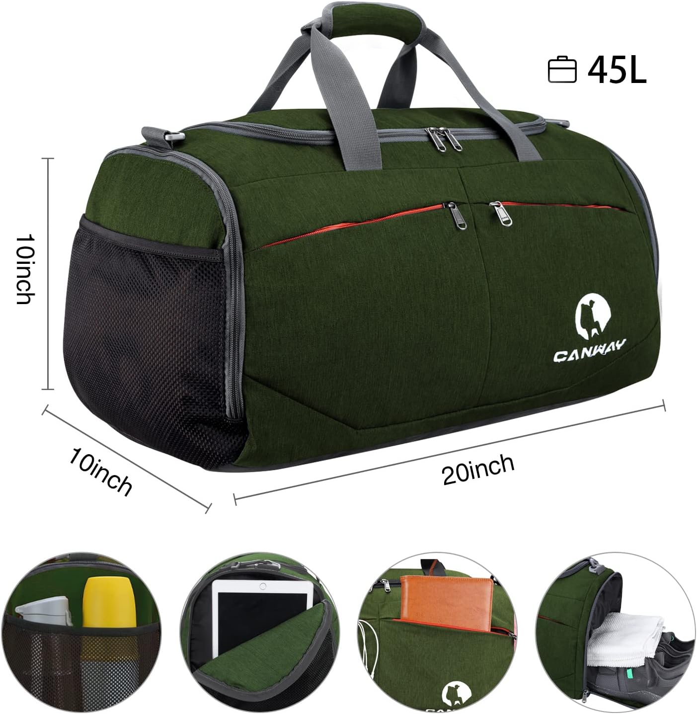 Canway Sports Gym Bag, Travel Duffel bag with Wet Pocket & Shoes Compartment for men women, 45L, Lightweight