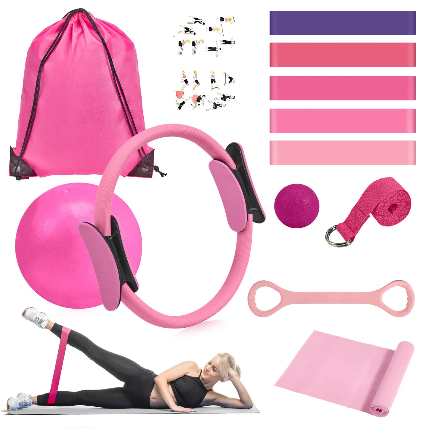 HASHMUST Pilates Ring Kit 12 PCS for Women, Home Workout Equipment with Magic Circle, Mini Exercise Ball, Resistance Bands, Massage Lacrosse, Yoga Strap, Full-Body Fitness Set for Toning & Gift