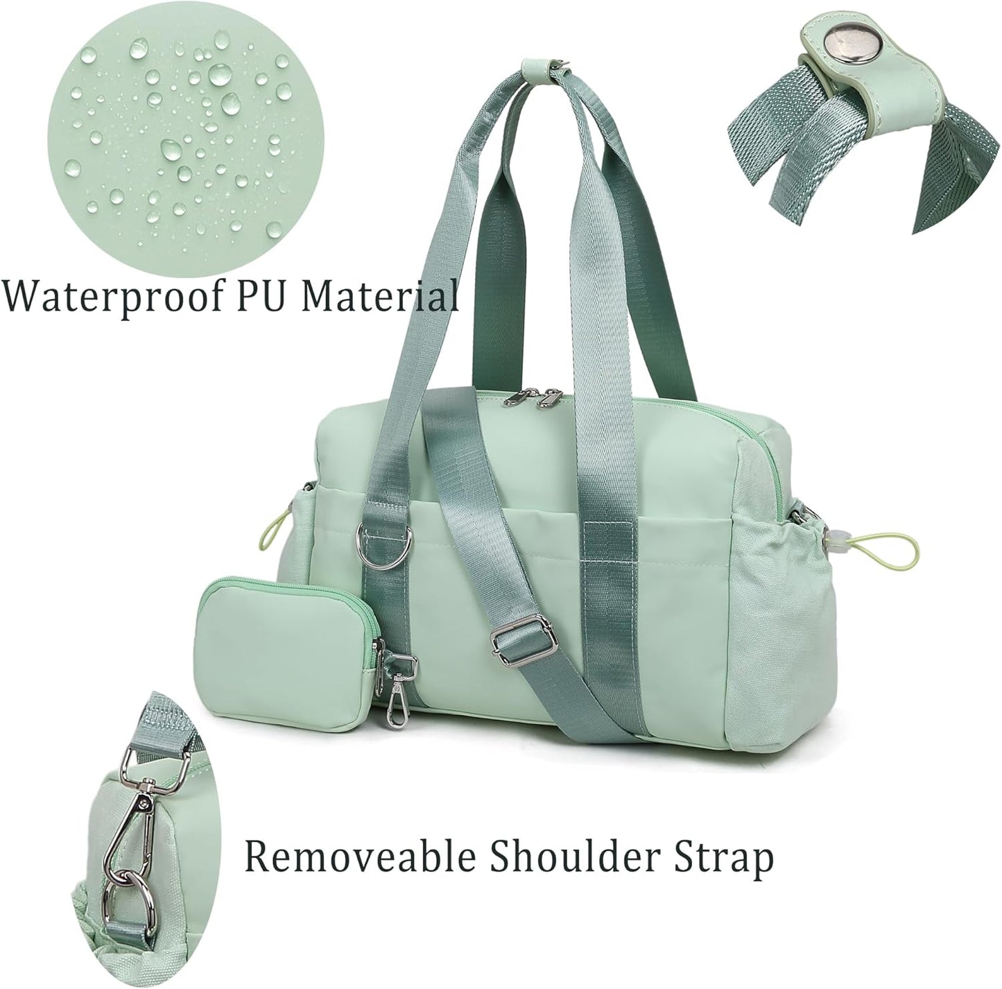 Everyday Mini Gym Bag for Women 2.0, Small Tote with Zipper Compartment Waterproof Travel Duffle Cute Handbag Workout Carry On with Removeable Shoulder Strap & Coin Wallet Easy to Clean - Green