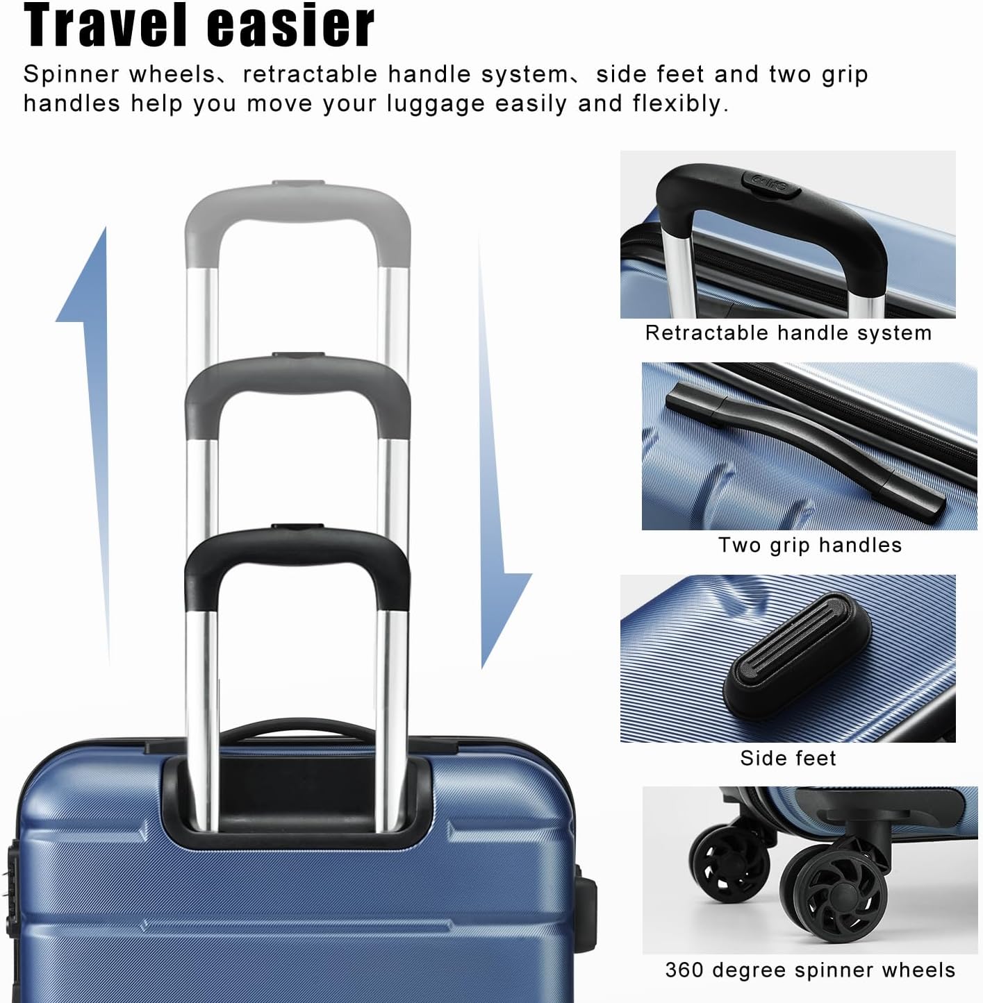 Coolife Luggage Suitcase Carry-on Spinner TSA Lock USB Port Expandable (only 28’’) Lightweight Hardside Luggage (Ice Blue, 3 piece set)