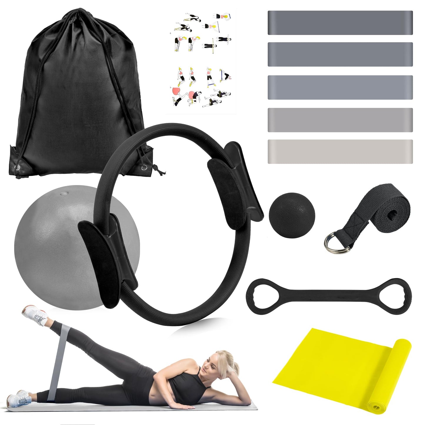 HASHMUST Pilates Ring Kit 12 PCS for Women, Home Workout Equipment with Magic Circle, Mini Exercise Ball, Resistance Bands, Massage Lacrosse, Yoga Strap, Full-Body Fitness Set for Toning & Gift
