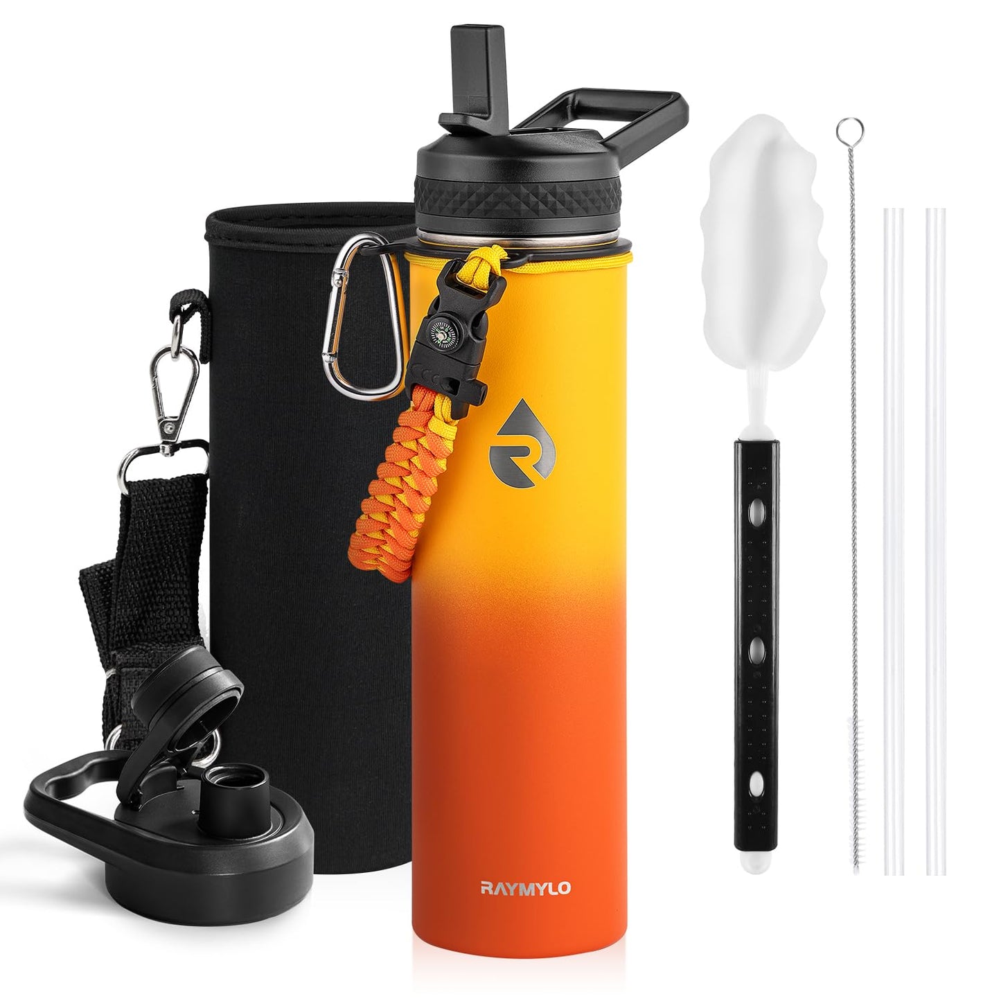 Insulated Water Bottle 64 oz, Triple Wall Vacuum Stainless Steel (Cold for 48 Hrs), Leak Proof & Non-BPA, Half Gallon Water Flask Jug with Paracord Handle & Straw Spout Lids, Magic Black