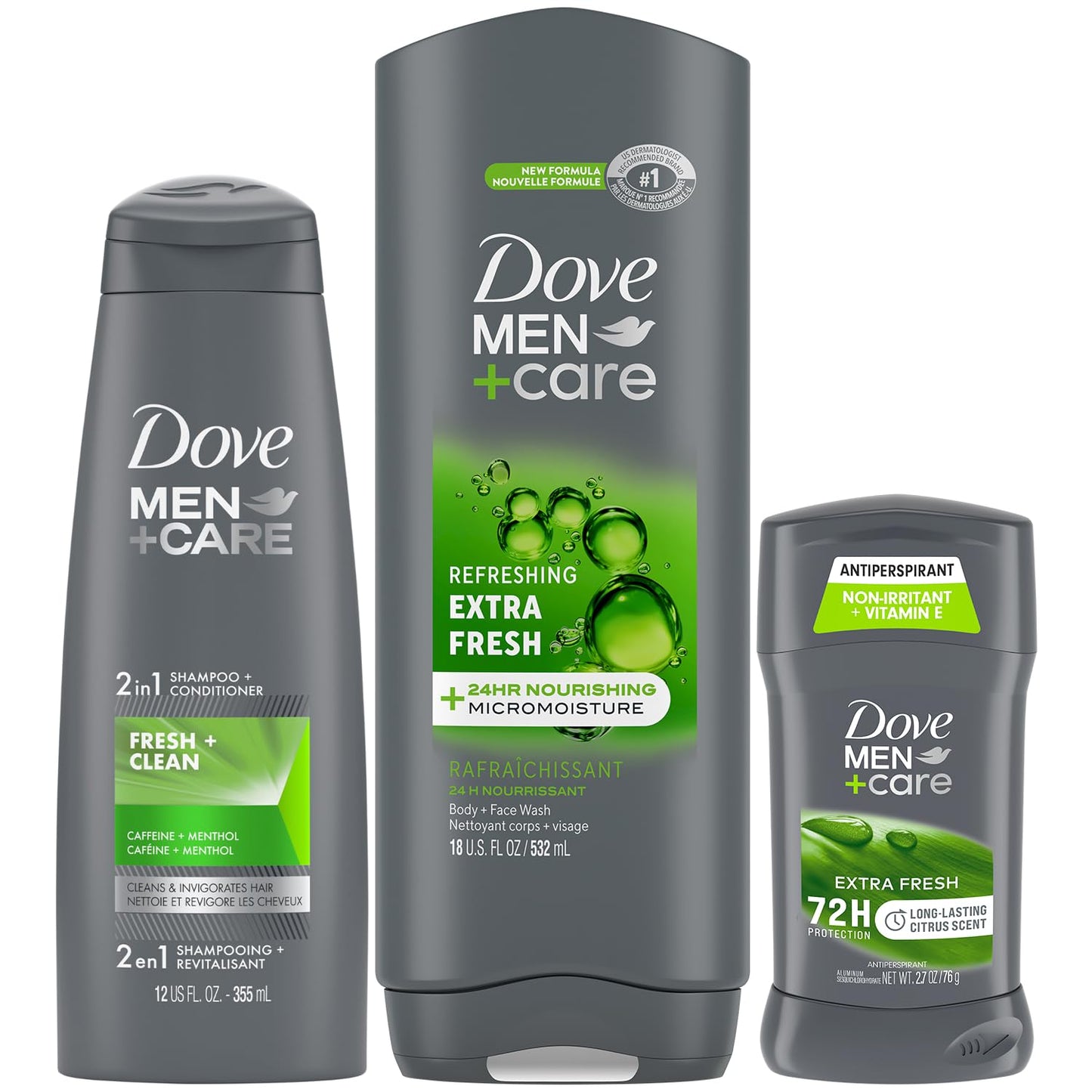 Dove Men + Care Bundle – Extra Fresh Body Wash & 72H Deodorant + Fresh + Clean 2-in-1 Shampoo and Conditioner, Citrus Scent (3 Piece Set)