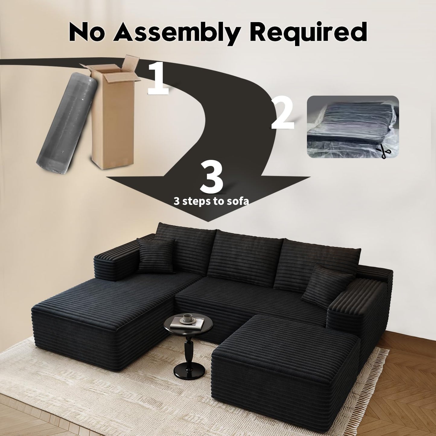 107.5" Cloud Modular Sectional Sofa with 1 Ottoman,Modern Minimalist Upholstered Couches, Comfort U Shaped Sofa for Living Room,Deep Seat Corner Couch,No Assembly Required (Black,Left Facing Chaise)