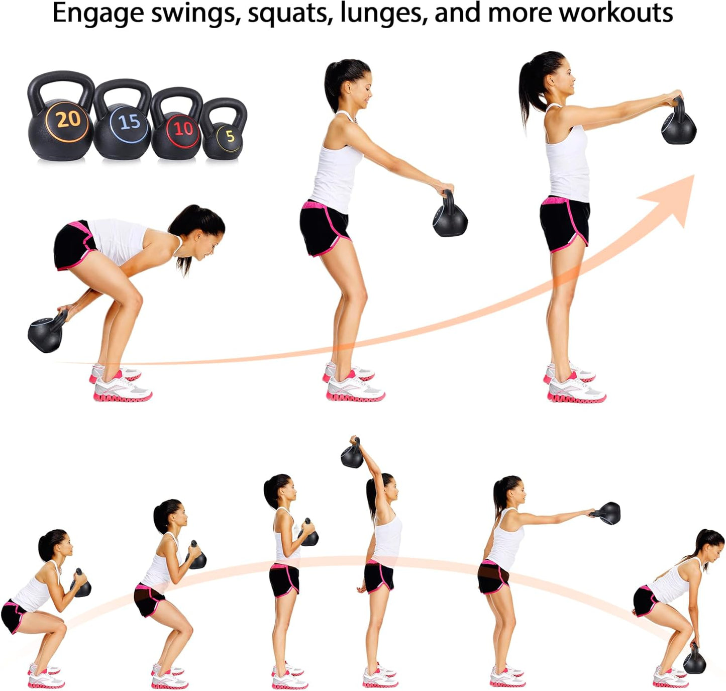 F2C Kettlebell Sets 4 Piece Strength Training KettleBells Weight Set 5lb, 10lb, 15lb, 20lb HDPE Coated Concrete Kettle bell Core Training or Women & Men for Full Body Workout & Exercise Fitness