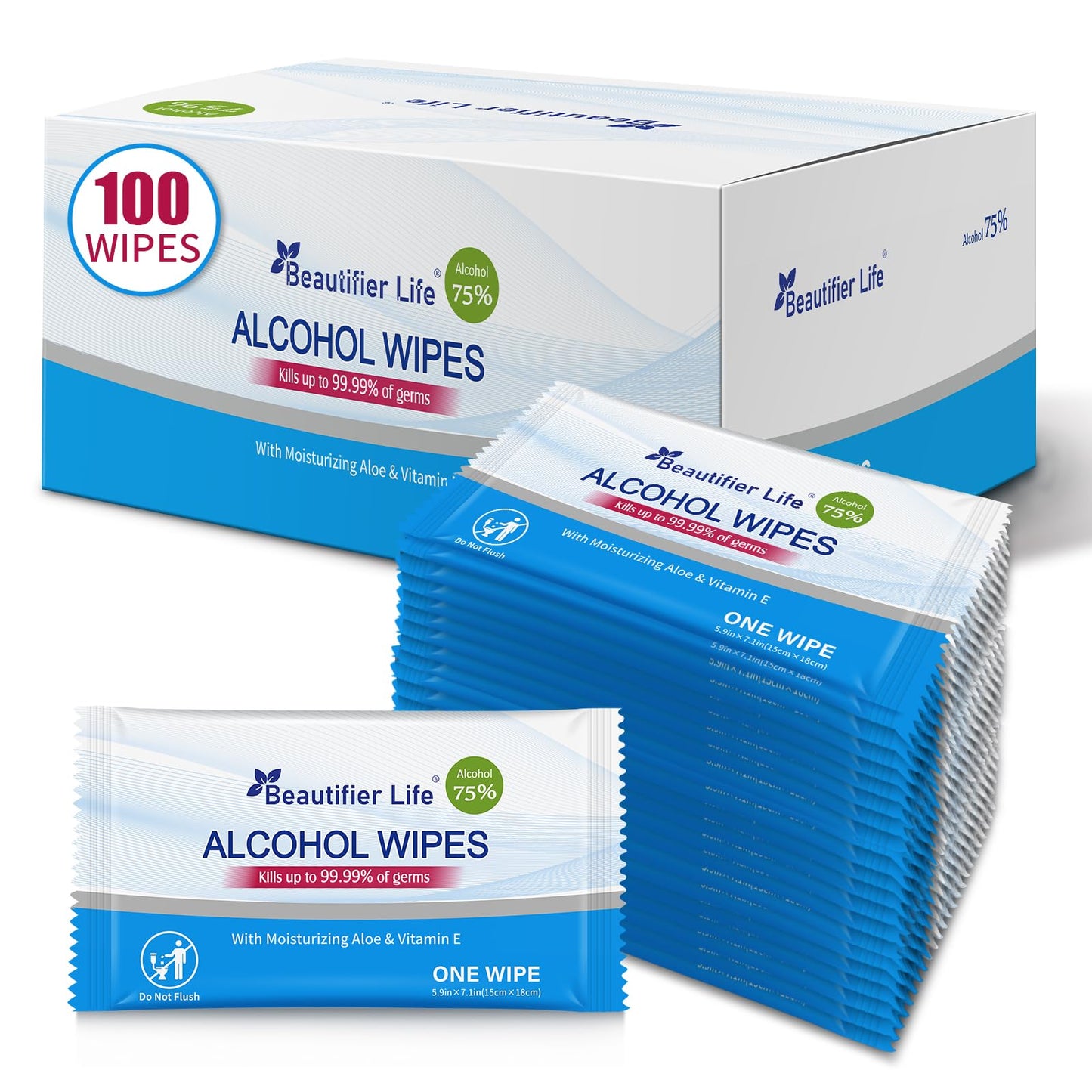 All - Purpose Travel Wipes, 55 Individually Wrapped 75% Alcohol Antibacterial Hand Sanitizing Wipes with Aloe Moisturizer & Vitamin E for for On-the-Go Use, Restaurant, Home Office