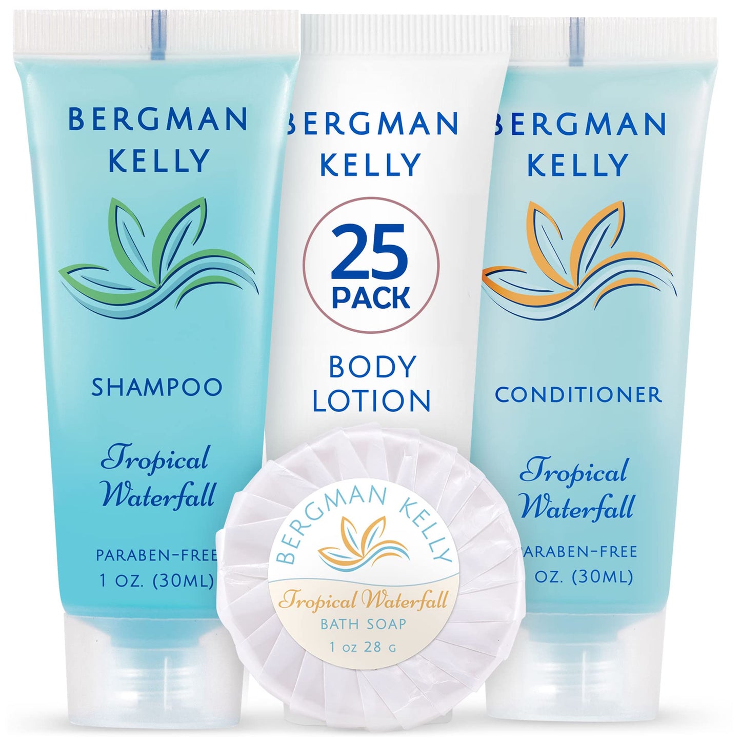 BERGMAN KELLY Hotel Toiletries Bundle (Tropical Waterfall, 1 oz each, 200 Pieces) 4-Piece Set: 50 Rectangular Bar Soap, 50 Shampoo, 50 Conditioner & 50 Body Lotion - Bulk Mini Guest Amenities