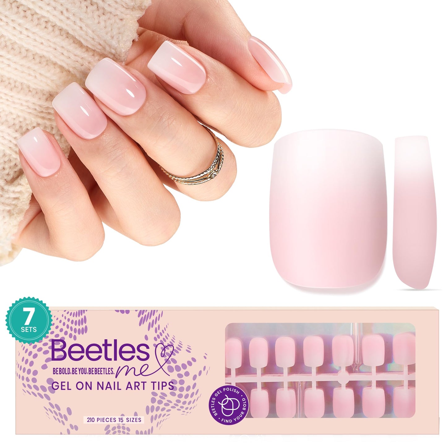 Beetles Ombre Press on Nails: 224 PCS Short Almond Gel Nail Tips, Pink Press ons Pre-applied Primer & Base Coat Glue on Nail Tips, No Need to File Fake Nails DIY Nails Gifts for Women