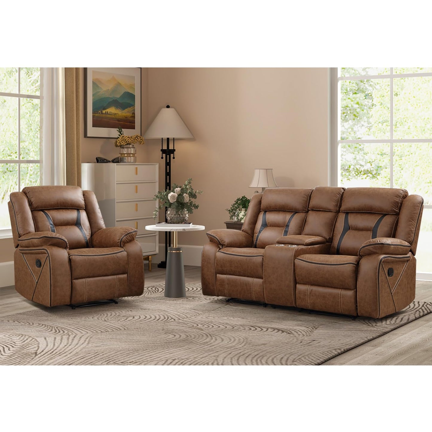Faux Leather Recliner Sofa Furniture Set for Living Room, 2 Recliner Chairs, 3 Seat Reclining Sofa Couch Set for Meeting Room, Brown