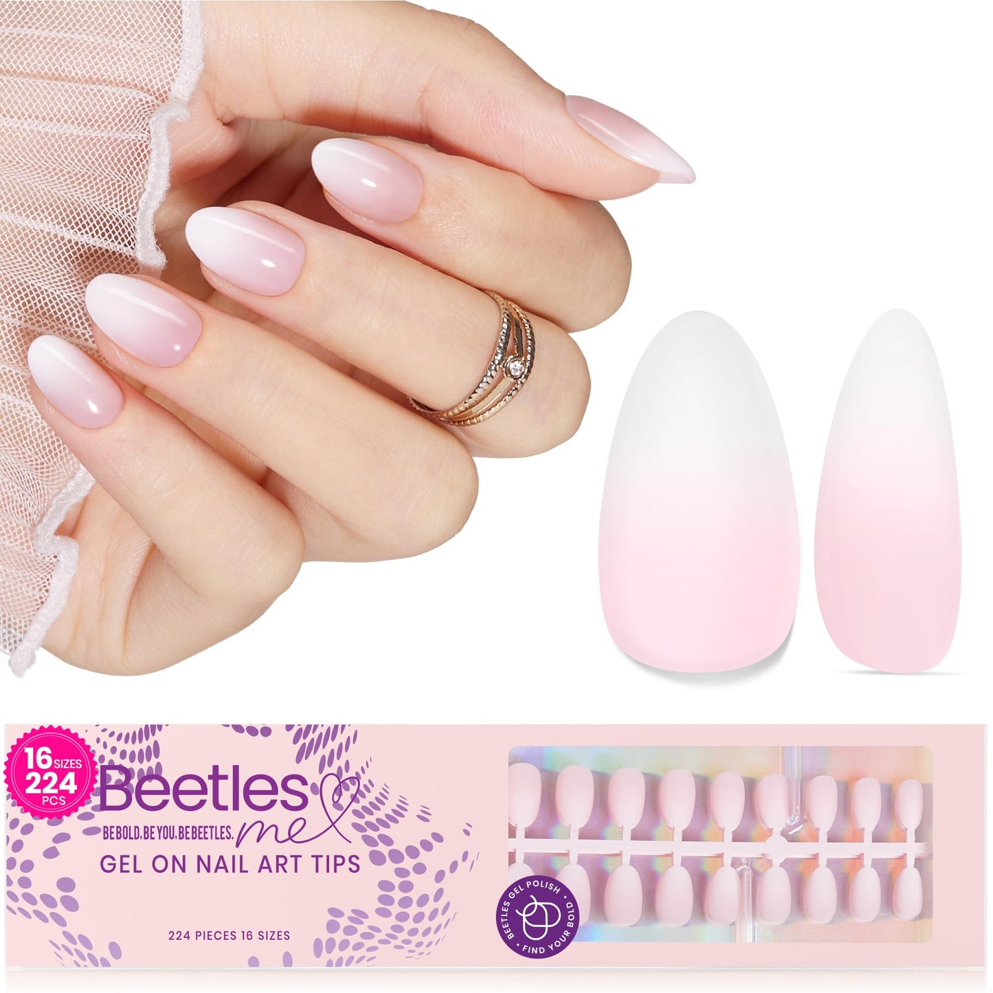 Beetles Ombre Press on Nails: 224 PCS Short Almond Gel Nail Tips, Pink Press ons Pre-applied Primer & Base Coat Glue on Nail Tips, No Need to File Fake Nails DIY Nails Gifts for Women