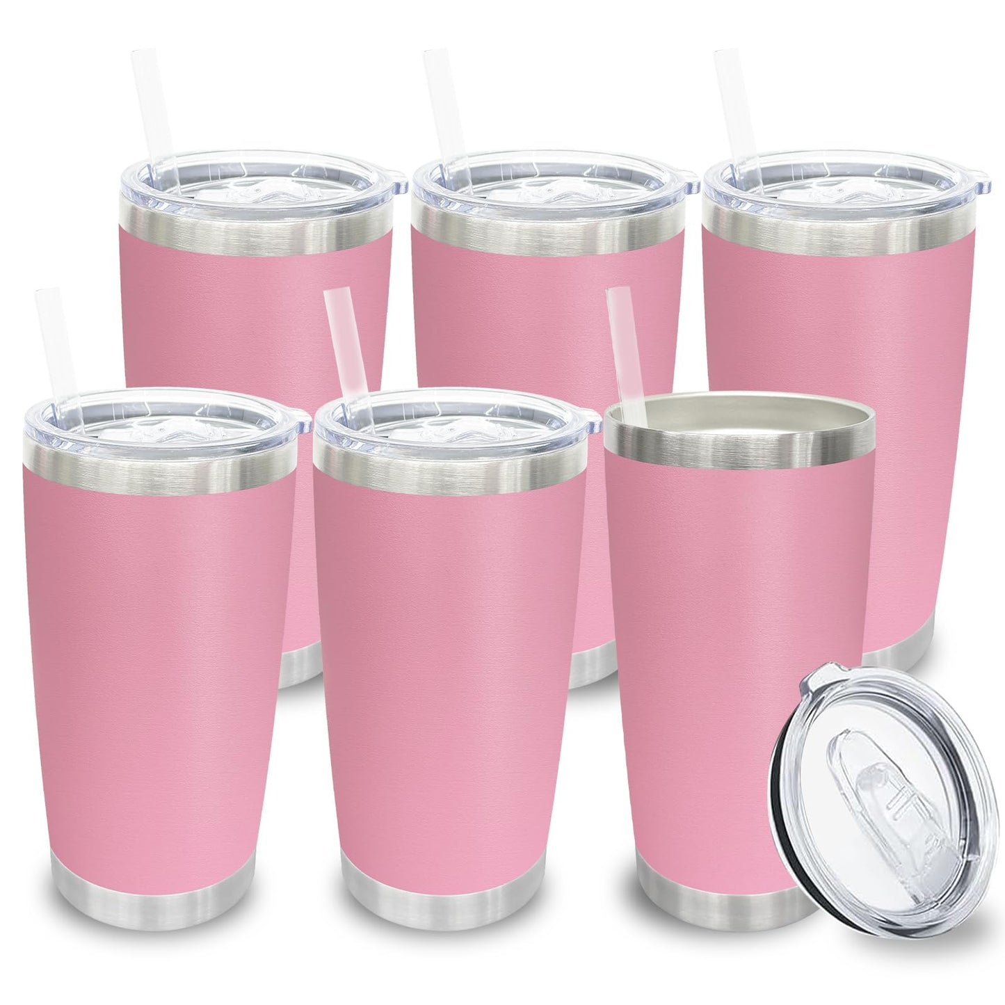 20 oz Tumblers Bulk, Stainless Steel Tumbler with Lid and Straw, Vacuum Double Wall Insulated Travel Coffee Mug with Sliding Lid, Powder Coated Cup for Hot and Cold Drinks (Stainless,6 pack)