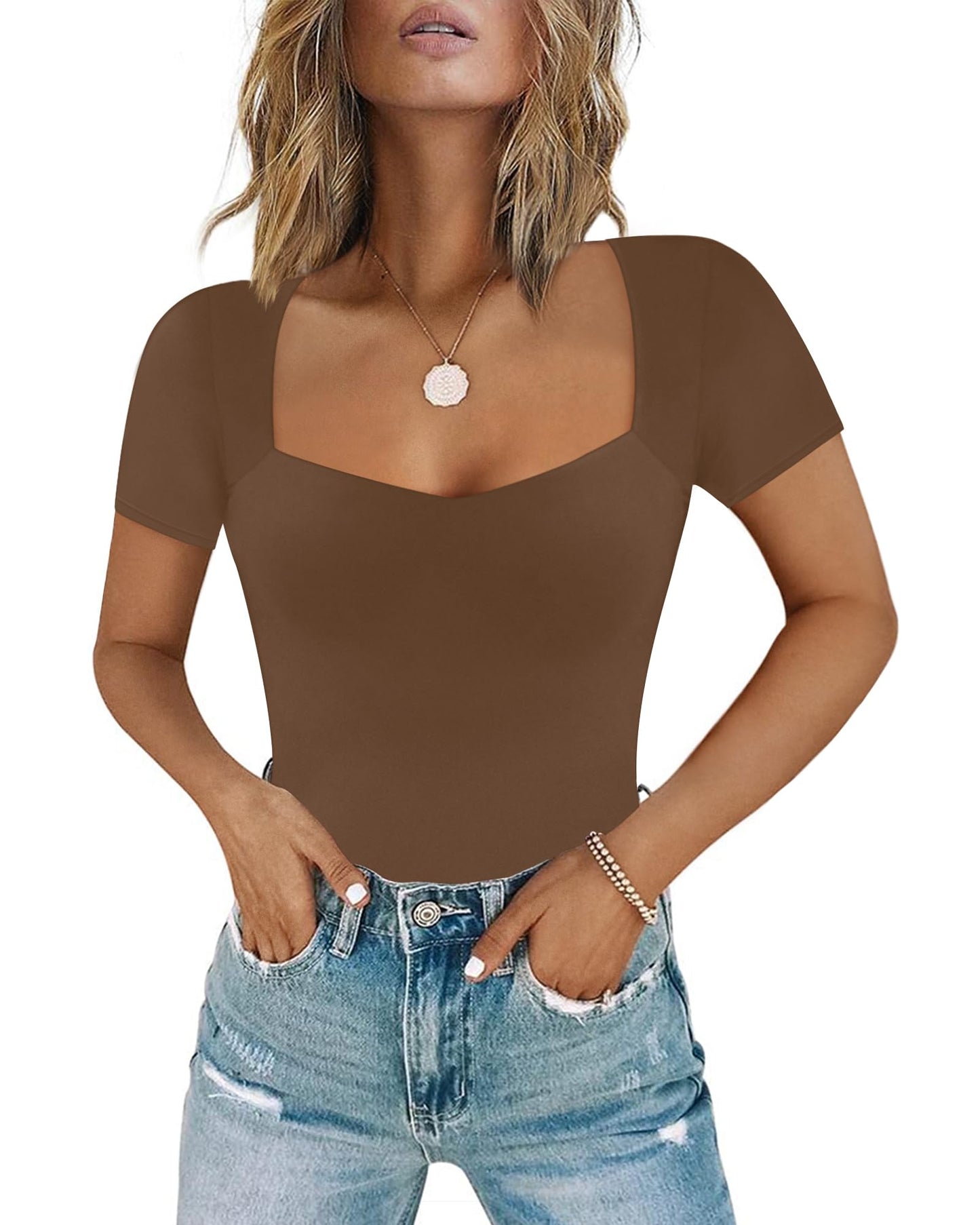 Chunpin Women's Sexy Square Neck Long Sleeve Bodysuit Double Lined Tops Thong Bodysuit