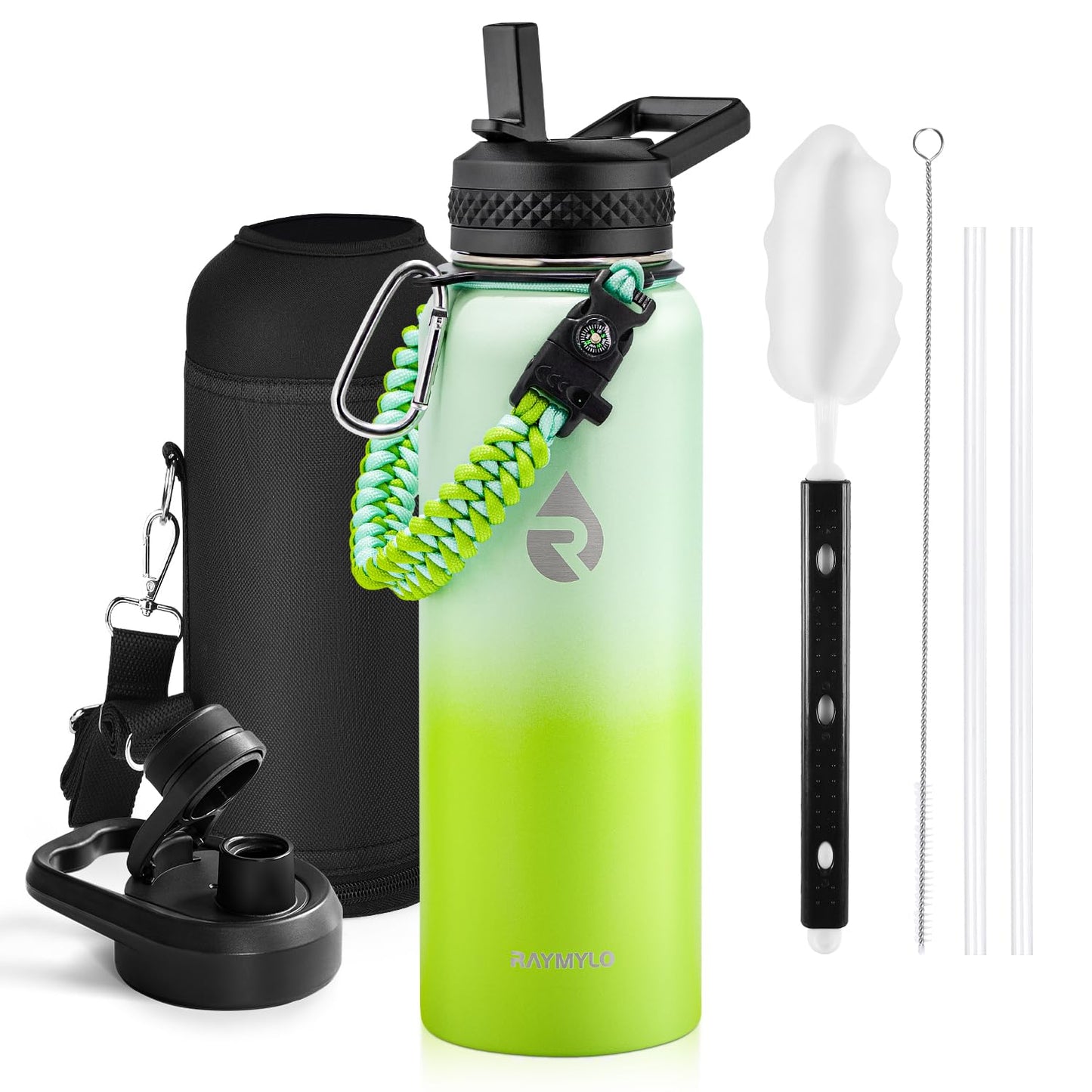 Insulated Water Bottle 64 oz, Triple Wall Vacuum Stainless Steel (Cold for 48 Hrs), Leak Proof & Non-BPA, Half Gallon Water Flask Jug with Paracord Handle & Straw Spout Lids, Magic Black