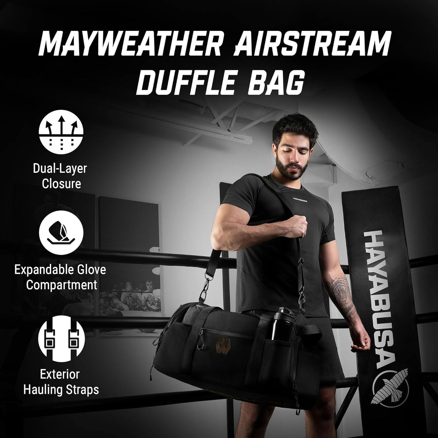 Hayabusa Mayweather Airstream Duffle Gym Bag for Women and Men - Black/Gold, 50L