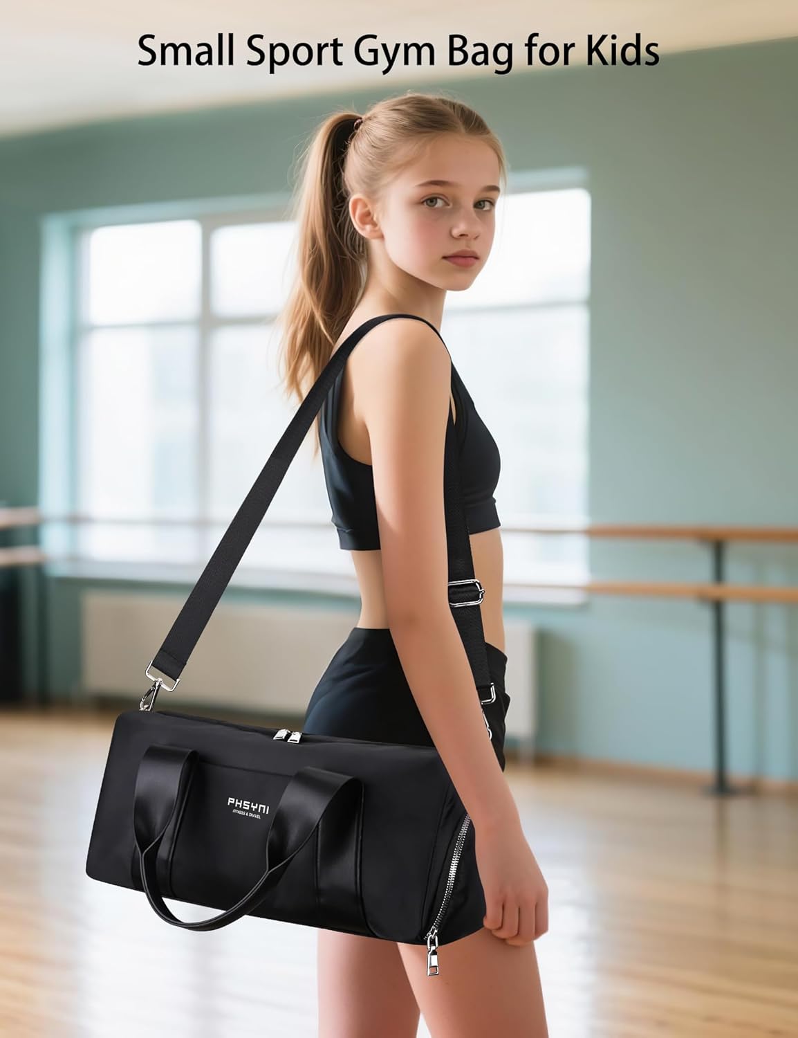 Compact Sports Gym Bag for Women and Men, Cute Mini Duffle Bag with Wet Pocket & Shoes Compartment, Personal Item Travel Workout Bag, 16"-Small, Black