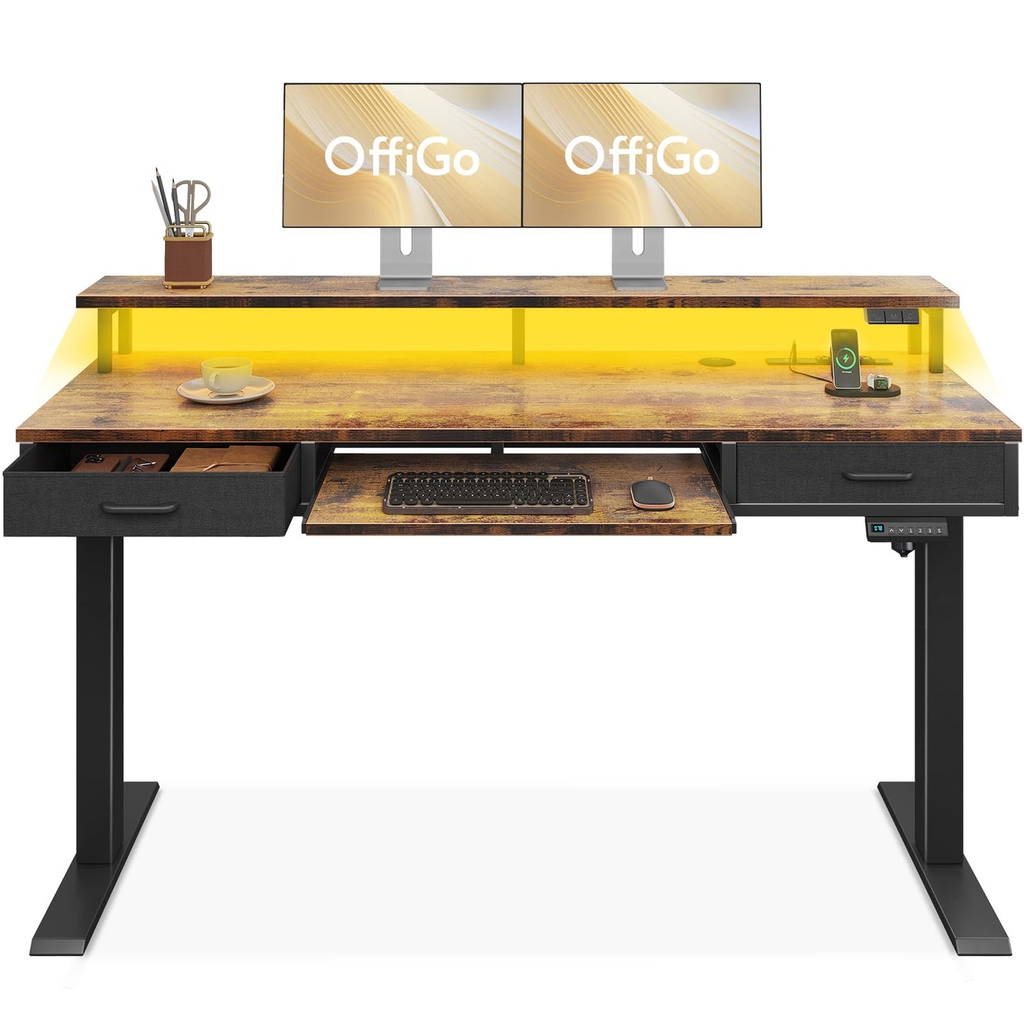 Electric Standing Desk with Drawers & Keyboard Tray, 55 Inch Height Adjustable Desk with Power Outlets & LED Lights, Sit Stand Table with Monitor Stand for Home, Office, White