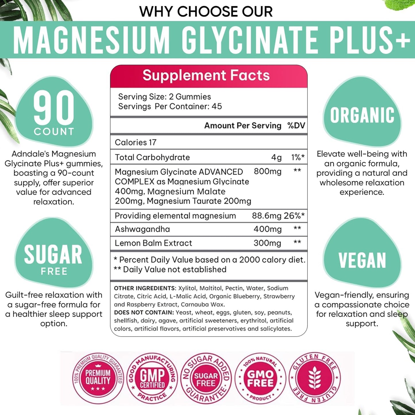 Adndale 90 CT Magnesium Glycinate Gummies 400 mg/Serv with Ashwagandha, Magnesium Malate & Taurate, Sugar Free Chews for Adults & Kids Relaxation, Stress Relief, Night Rest, Muscle & Cardio Support