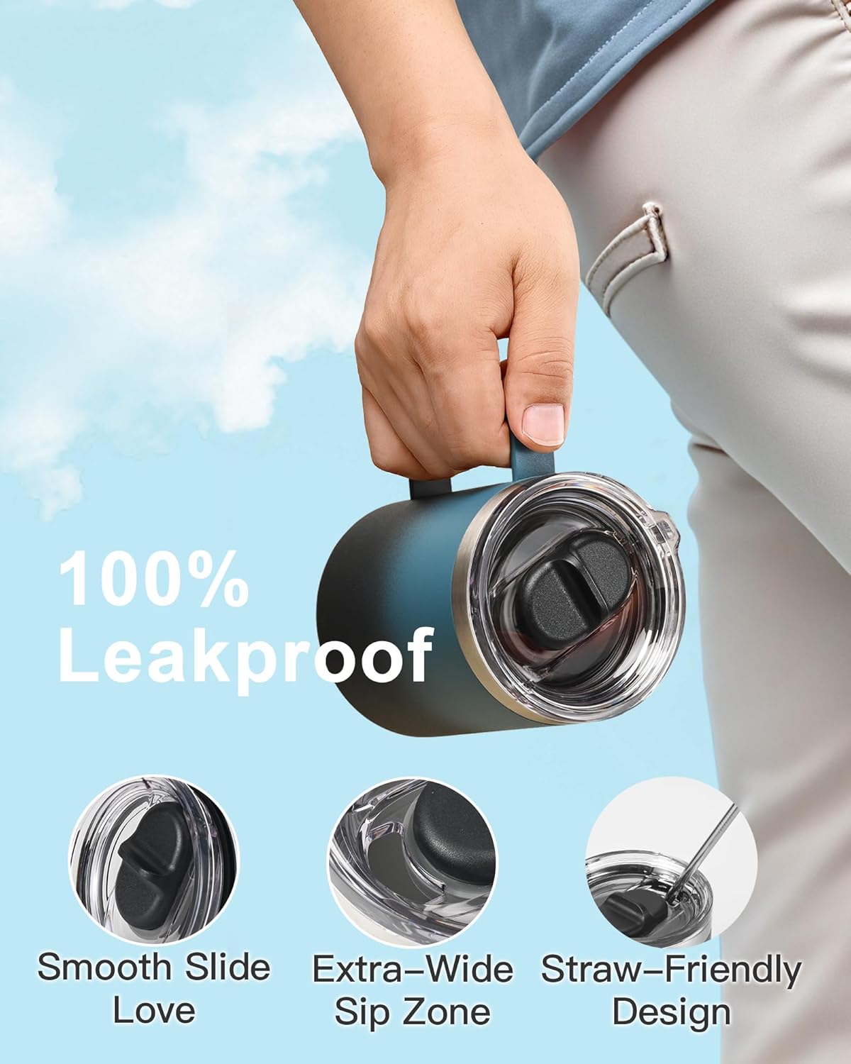 Insulated Coffee Mug 12 oz, Double Wall Stainless Steel Coffee Mug with Lids, Leak-Proof & Detachable Slider Lid for Thorough Clean, Keeps Coffee Cold for 9 Hrs, Suitable for Camp Home Office