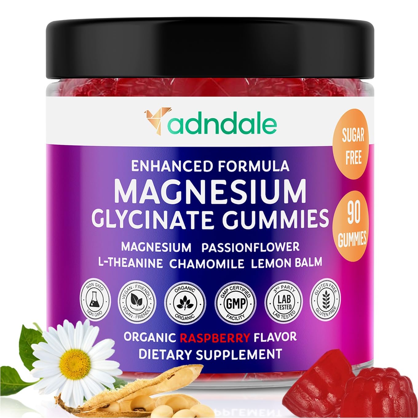 Adndale 90 CT Magnesium Glycinate Gummies 400 mg/Serv with Ashwagandha, Magnesium Malate & Taurate, Sugar Free Chews for Adults & Kids Relaxation, Stress Relief, Night Rest, Muscle & Cardio Support