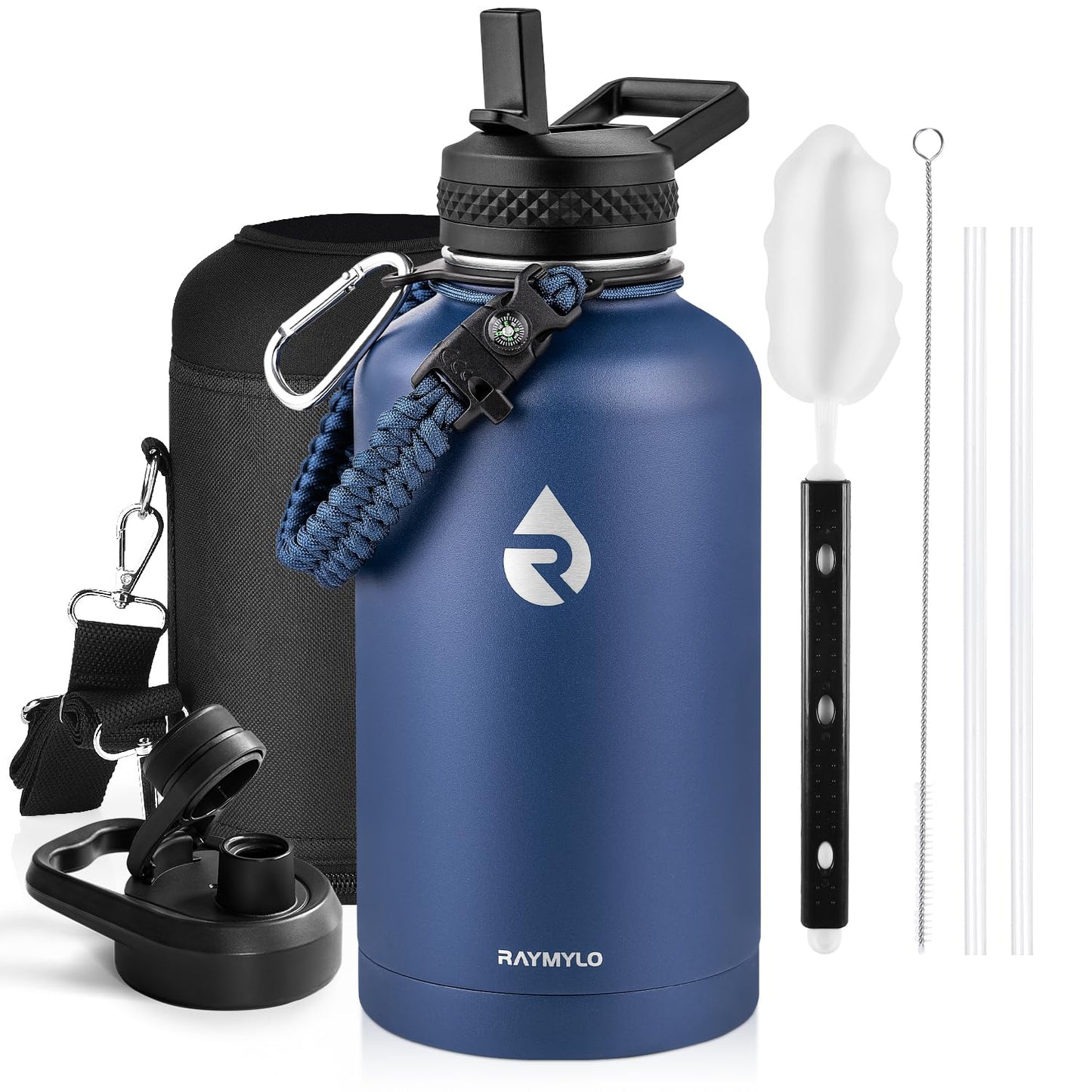 Insulated Water Bottle 64 oz, Triple Wall Vacuum Stainless Steel (Cold for 48 Hrs), Leak Proof & Non-BPA, Half Gallon Water Flask Jug with Paracord Handle & Straw Spout Lids, Magic Black