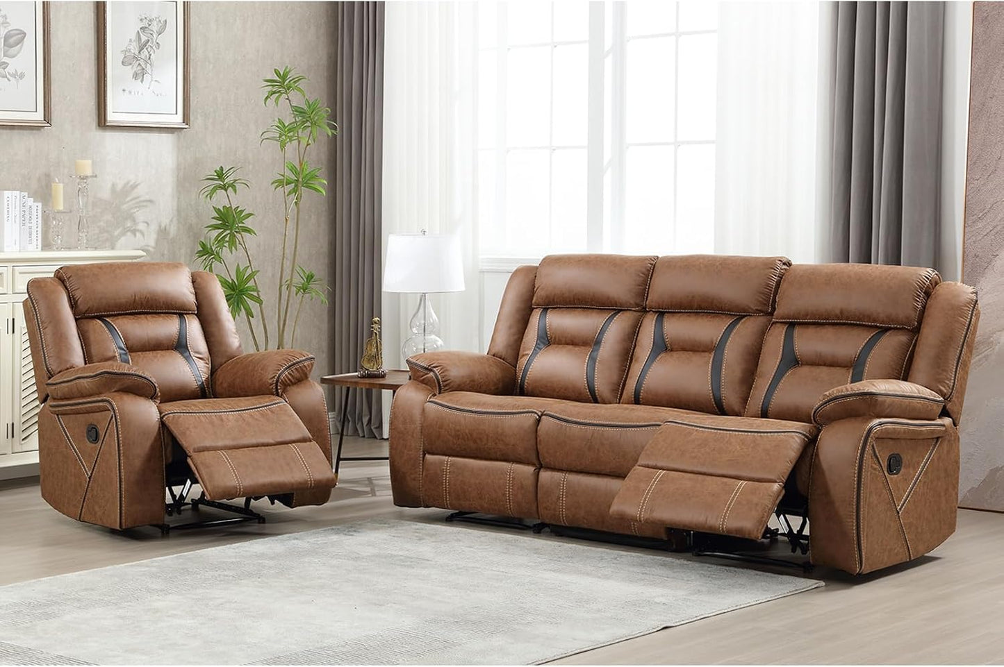 Faux Leather Recliner Sofa Furniture Set for Living Room, 2 Recliner Chairs, 3 Seat Reclining Sofa Couch Set for Meeting Room, Brown