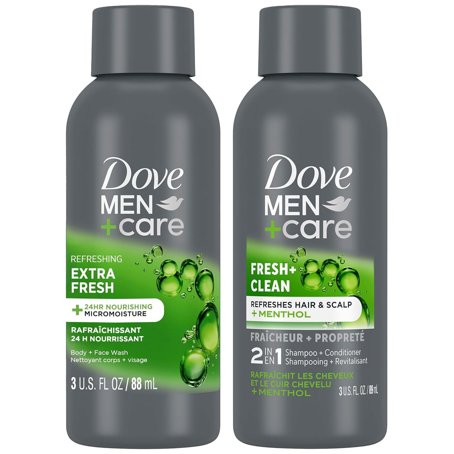 Dove Men+Care Travel Essentials Bundle – Extra Fresh Body & Face Wash & Fresh + Clean 2-in-1 Shampoo, 3 Oz Ea