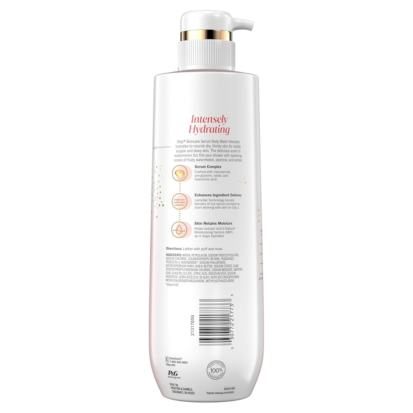 Olay Body Wash for Women, Intensely Hydrating, Pro-Hyaluronic Acid Serum Complex, Renews Moisture, Vitamin B3 Lameller Technology, For All Skin Types, Watermelon Summer Fizz Scent, 20 fl oz