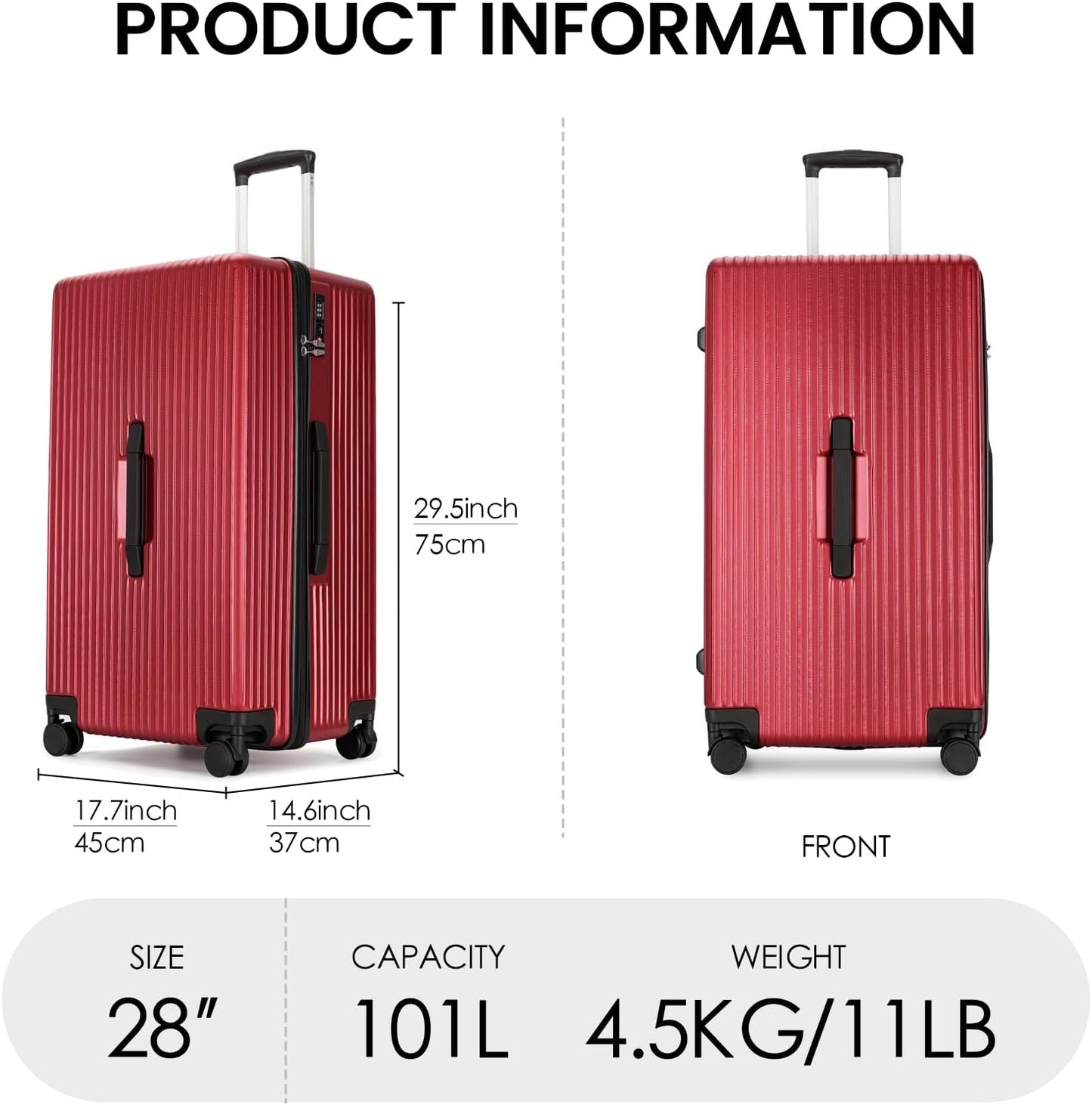 GinzaTravel Trunk Luggage, 28 Inch Luggage with Spinner Wheels, Scratch resistant texture Lightweight PC material with TSA Lock (Wine Red)