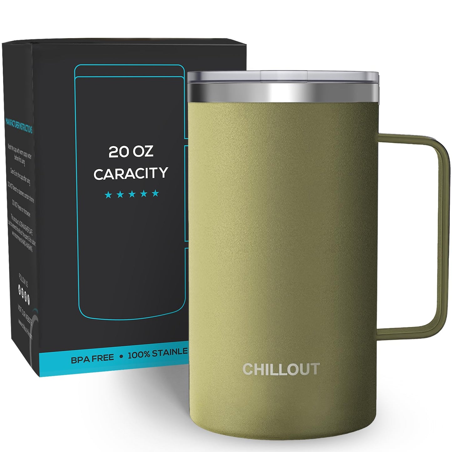 CHILLOUT LIFE Stainless Steel Vacuum Insulated Coffee Mug 16 oz (Set of 2) with Handle and Lid, Large Thermal Camping Coffee Mugs with Sliding Lid for Men & Women, Keeps Your Beverages Hot & Cold