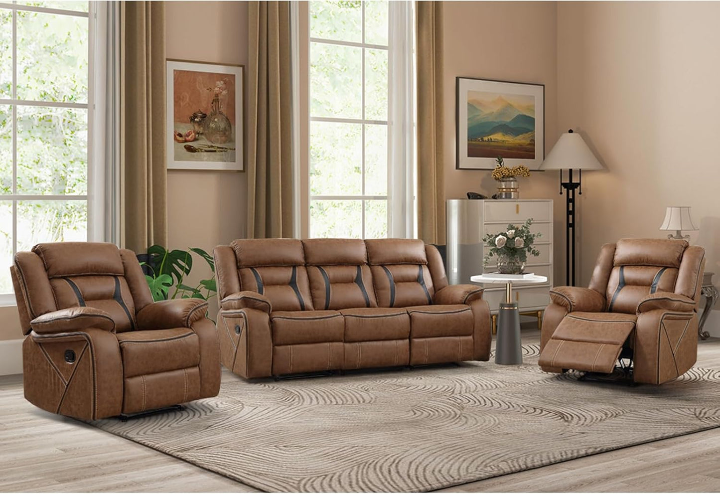 Faux Leather Recliner Sofa Furniture Set for Living Room, 2 Recliner Chairs, 3 Seat Reclining Sofa Couch Set for Meeting Room, Brown