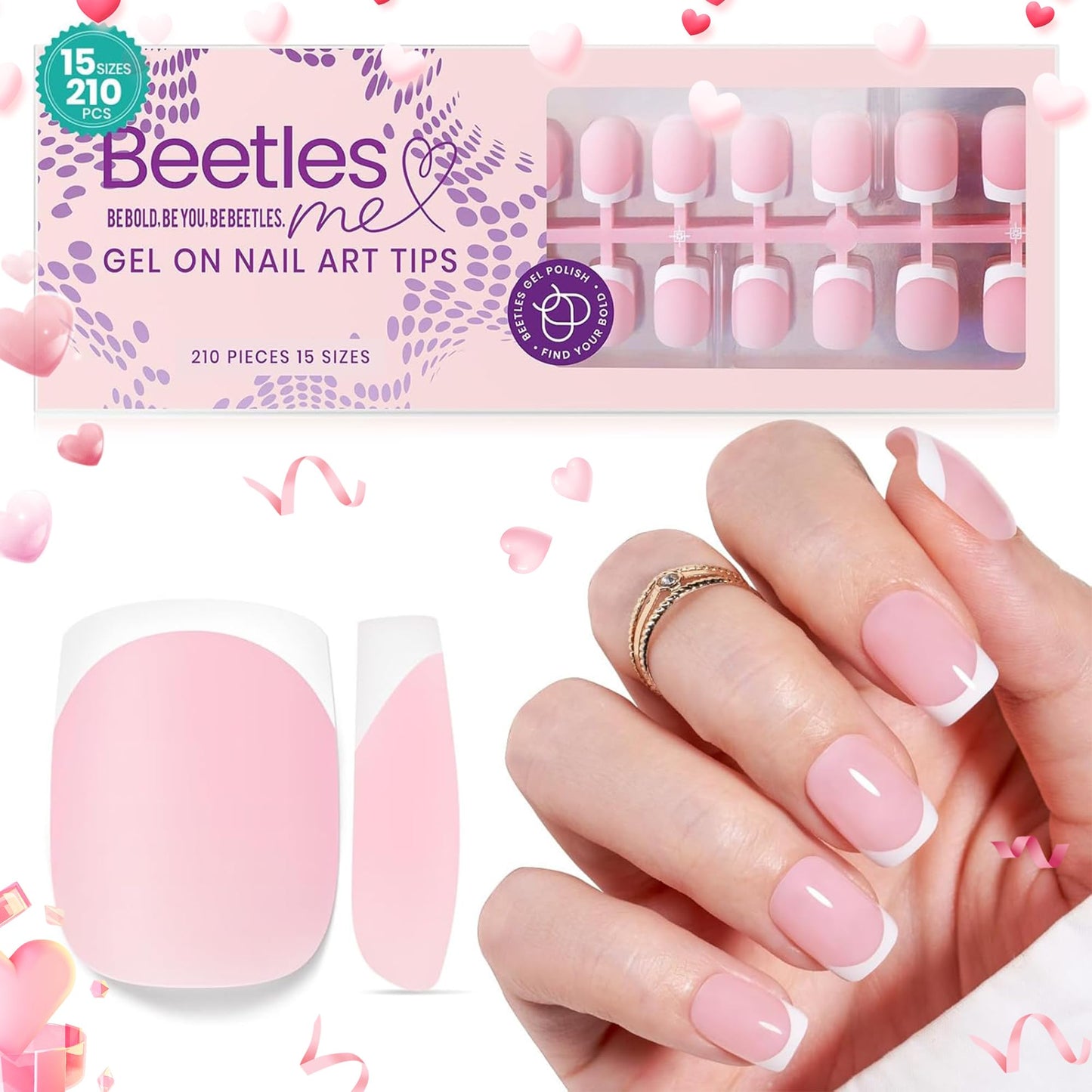Beetles X Press Gel Nail Kit: Long Square French Tip Press On Nails Kit With 224Pcs Nail Tips Nail Glue & Builder Top Coat Mini UV Light, All-in-One DIY Designs Gift For Women At Home 16 Size