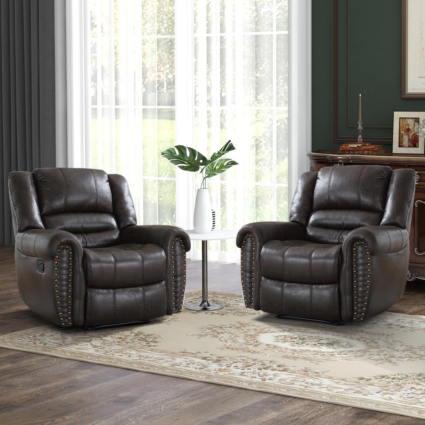 CANMOV Leather Recliner Chair Set of 2, Classic and Traditional Manual Recliner Chair with Comfortable Arms and Back,Manual Single Recliner Sofa for Living Room, Nut Brown