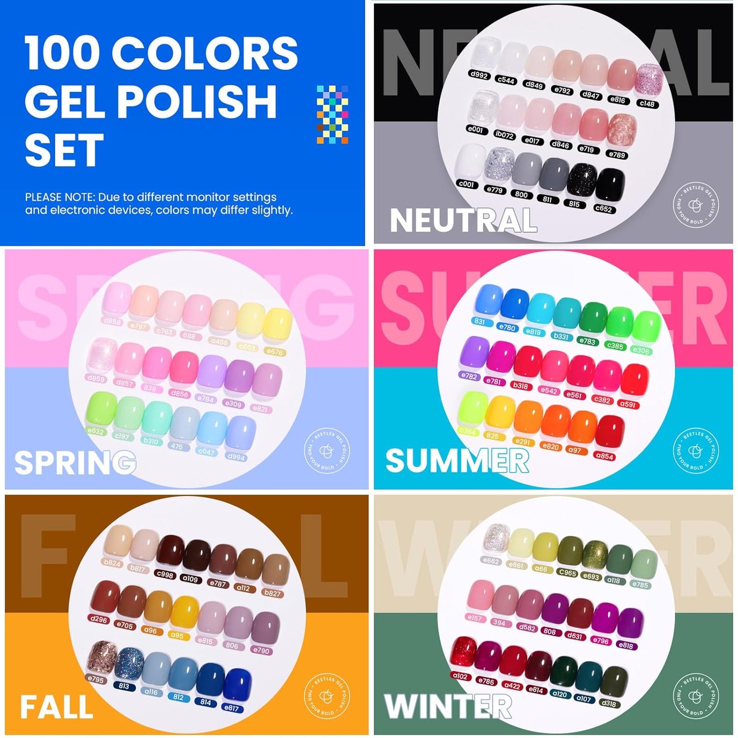 Beetles 110 PCS Gel Nail Polish Set, 100 Colors Infinite Inspiration All Season Red Brown Green Black Gel Polish with 5Pcs Base Top Coat Soak off UV Gel for Manicure Lovers DIY at Home Gifts for Women
