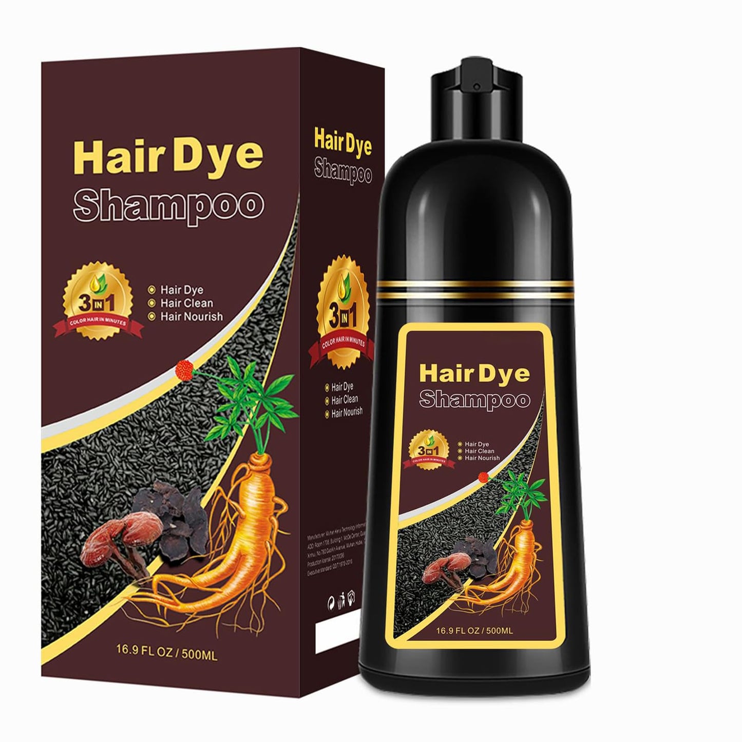 Black Long-Lasting & Natural Hair Color Shampoo - 3 in 1 for Gray Coverage, Instant Effect in Minutes for Men & Women, 16.9 Fl Oz