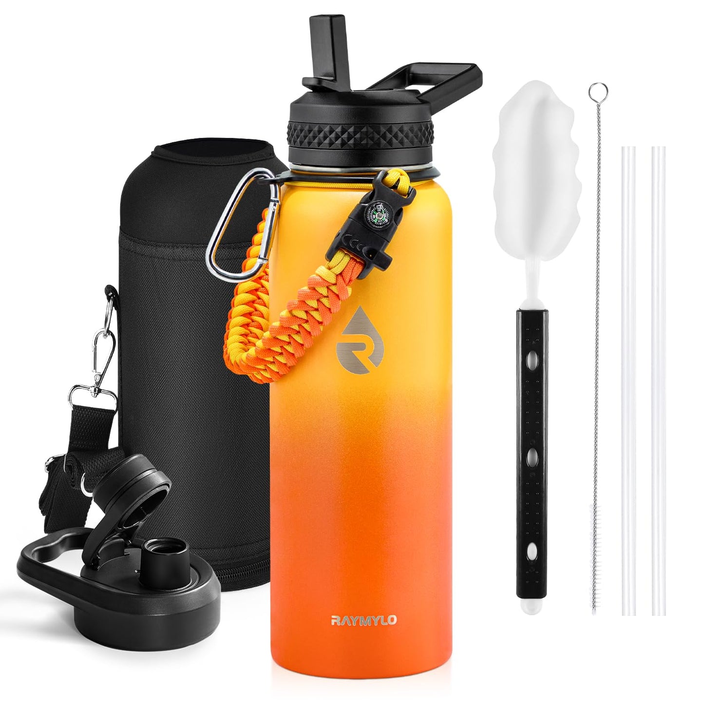 Insulated Water Bottle 64 oz, Triple Wall Vacuum Stainless Steel (Cold for 48 Hrs), Leak Proof & Non-BPA, Half Gallon Water Flask Jug with Paracord Handle & Straw Spout Lids, Magic Black