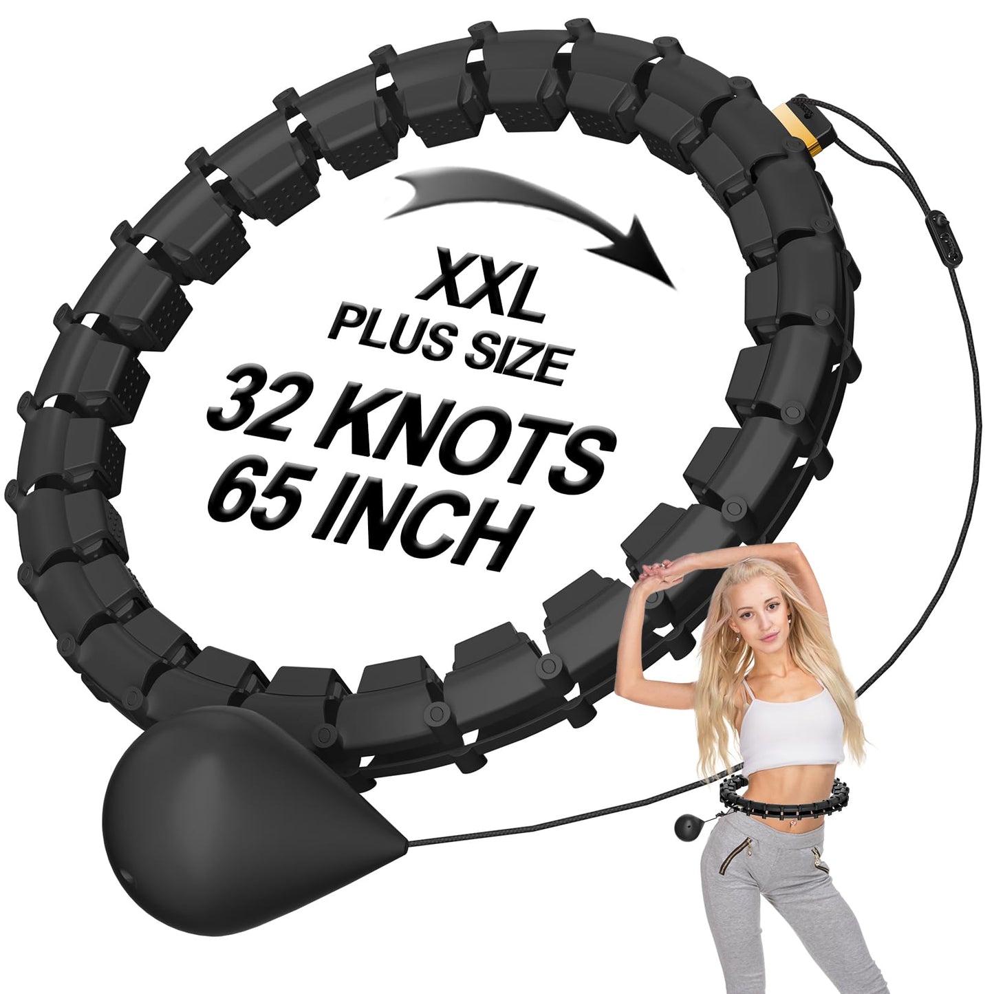 Plus Size Silent Weighted Hula Infinity Fitness Detachable Hoops 65-Inch 32 Knot, Smart Noiseless Infinity Hula for Women, 2-in-1 Waist and Abdominal Home Workout Equipment