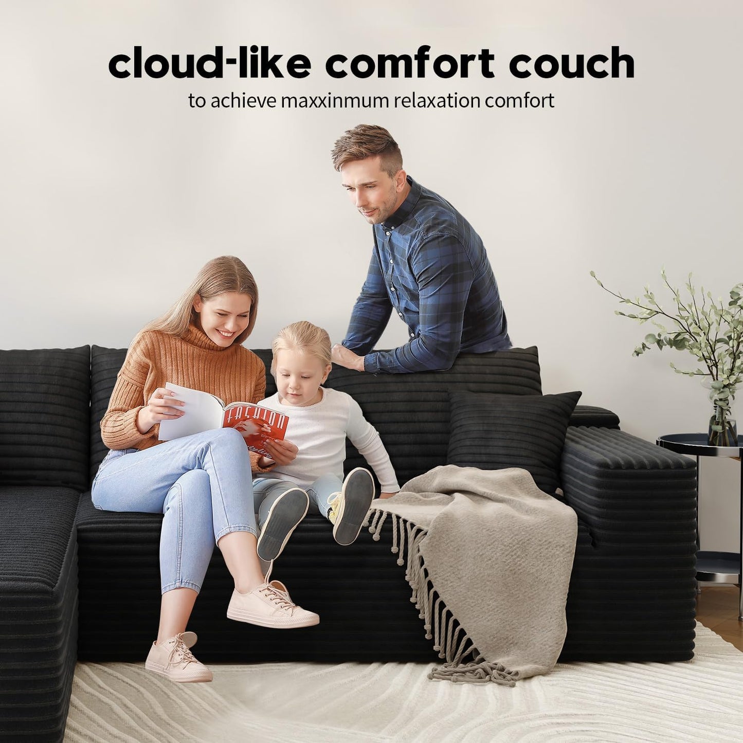 107.5" Cloud Modular Sectional Sofa with 1 Ottoman,Modern Minimalist Upholstered Couches, Comfort U Shaped Sofa for Living Room,Deep Seat Corner Couch,No Assembly Required (Black,Left Facing Chaise)