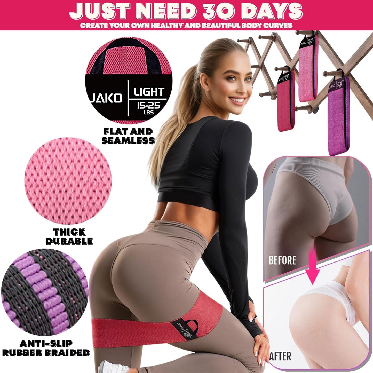 Non-Slip Hip Resistance Bands for Working Out - Fabric Elastic Exercise Bands Strength Training, Physical Therapy, Pilates & Yoga - Booty Workout Bands for Women/Men Legs & Thigh Glutes