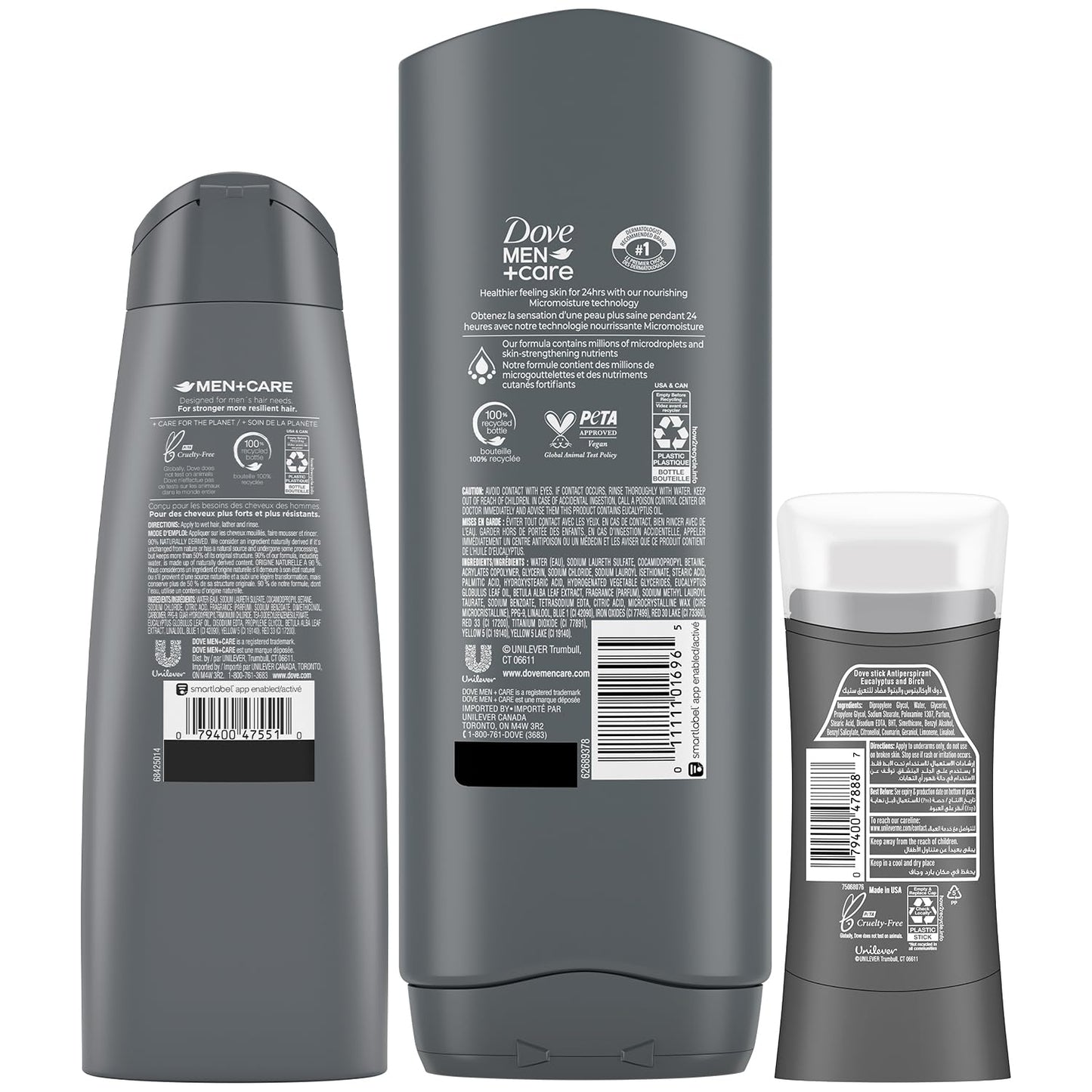 Dove Men + Care Bundle – Blue Eucalyptus + Birch Body + Face Wash, 2-in-1 Shampoo + Conditioner & 48H Aluminum-Free Deodorant (3 Piece Set)