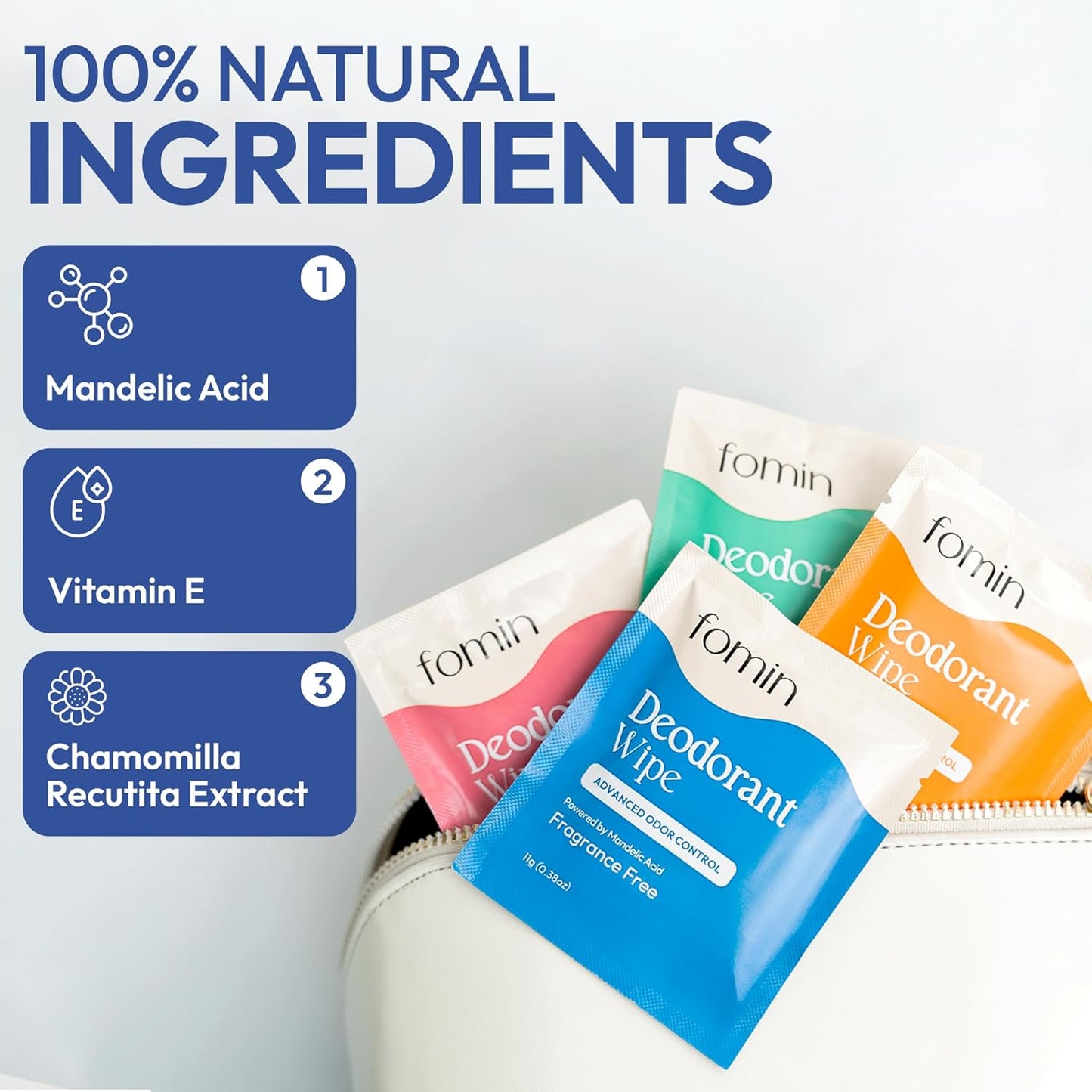 FOMIN Acidified Travel Deodorant Wipes For Women & Men - 30 Count - Variety Pack - pH Balanced, Mini Deodorant Travel Size Wipes - Plastic-Free, Individually Wrapped Underarm Body Wipes