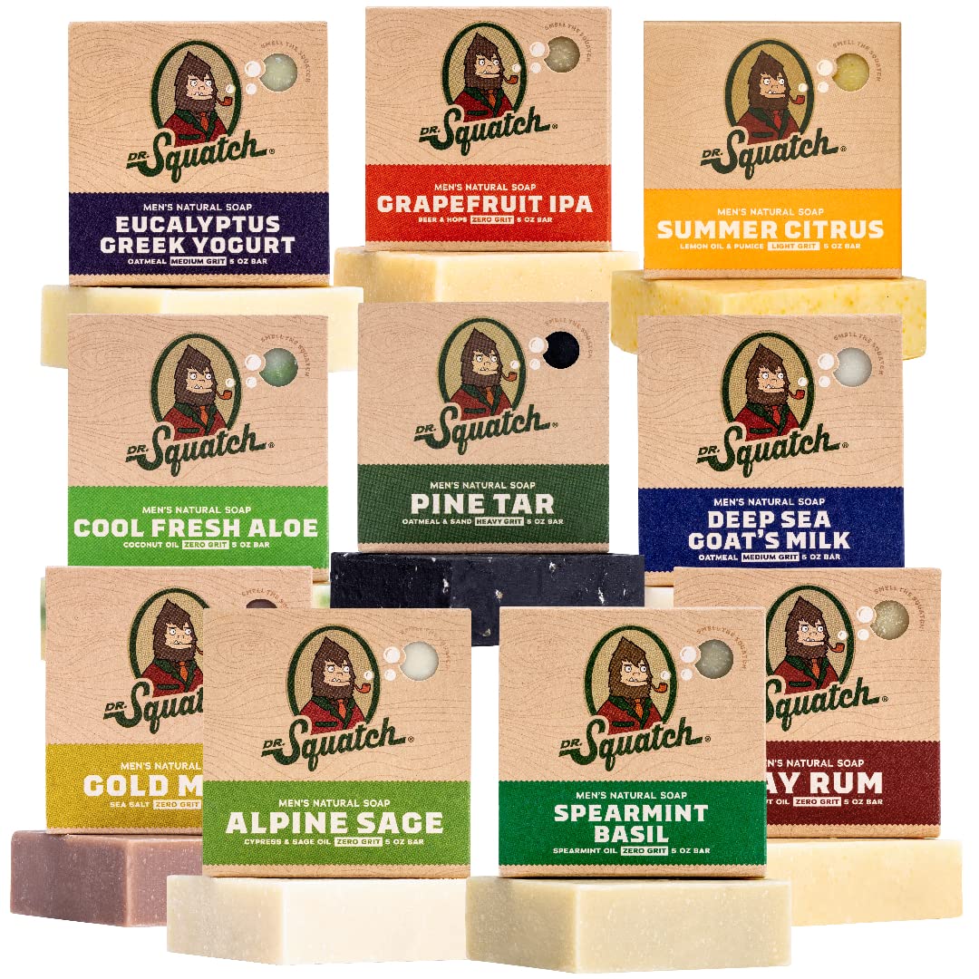 Dr. Squatch Natural Bar Soap for Men Variety Gift Set - Cold Process No Harsh Chemicals - Birchwood Breeze, Fresh Falls, Wood Barrel Bourbon, Coconut Castaway, Cedar Citrus & more (5 oz, 10-Pack)